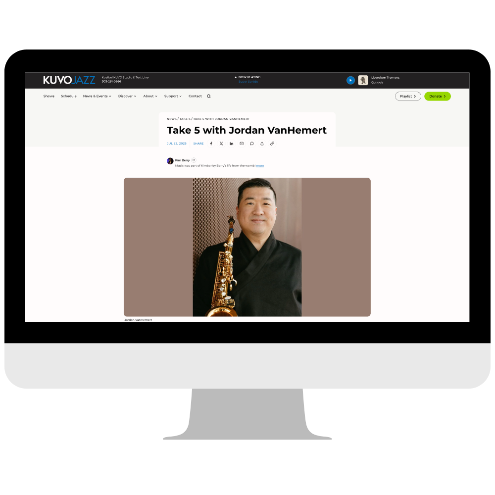 Screenshot of a website page titled 'Take 5 with Jordan VanHemert' featuring a portrait of a man holding a saxophone.