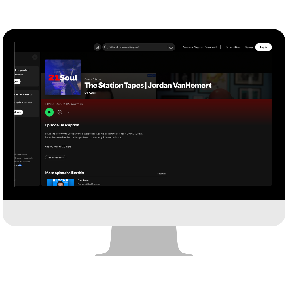Computer screen displaying a podcast episode page for 'The Station Tapes' with Jordan VanHemert on 21 Soul, featuring episode details, description, and additional episodes.