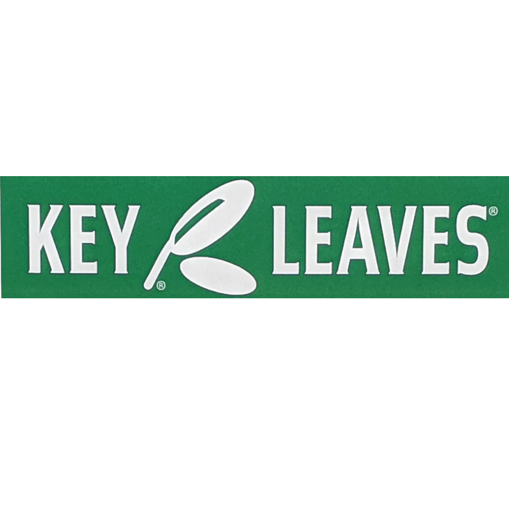Close-up of a green package with white text that reads "Key Leaves" and a leaf-shaped design in place of the "K".