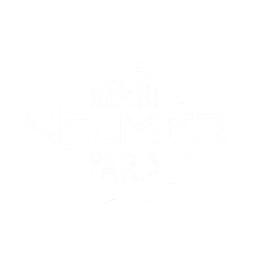 Design with the text "Henri Selmer Paris" surrounded by a laurel wreath in white on a black background.