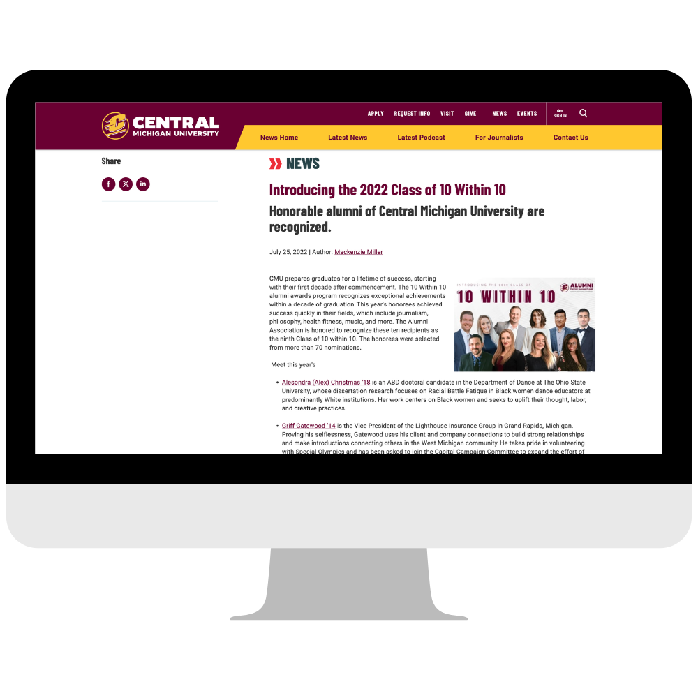 Screenshot of Central Michigan University's news webpage announcing the 2022 Class of 10 Within 10 honorees, featuring a group photo of diverse students in professional attire.