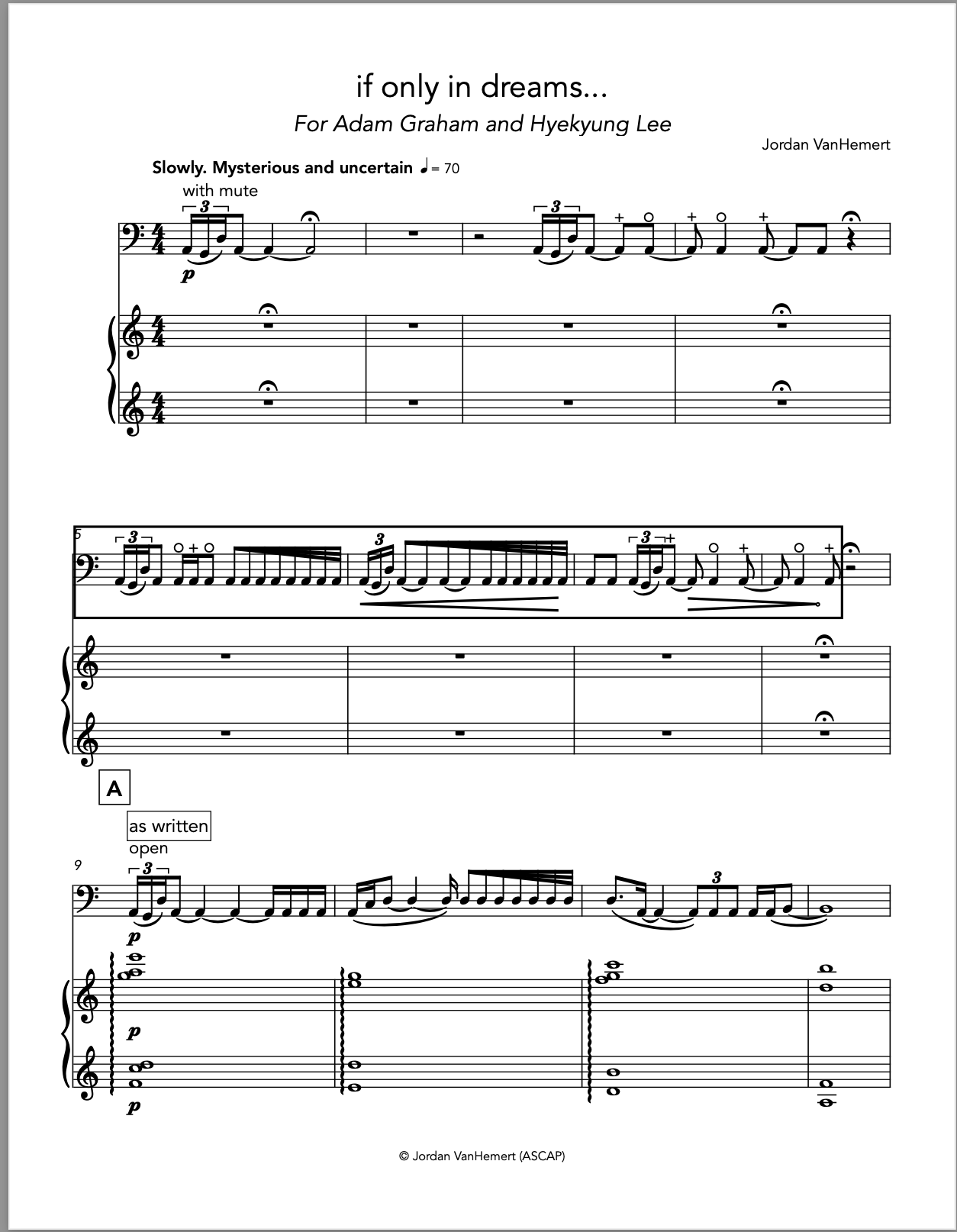 Sheet music titled ''if only in dreams'' by Jordan VanHemert, dedicated to Adam Graham and Hyekyung Lee, featuring musical notation for piano with parts for treble and bass clefs, tempo marking slowly, mysterious and uncertain.