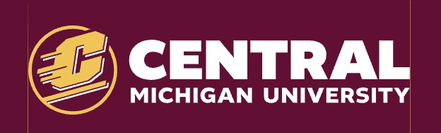 Central Michigan University logo with a maroon background, large white text, and a stylized yellow 'C' emblem.