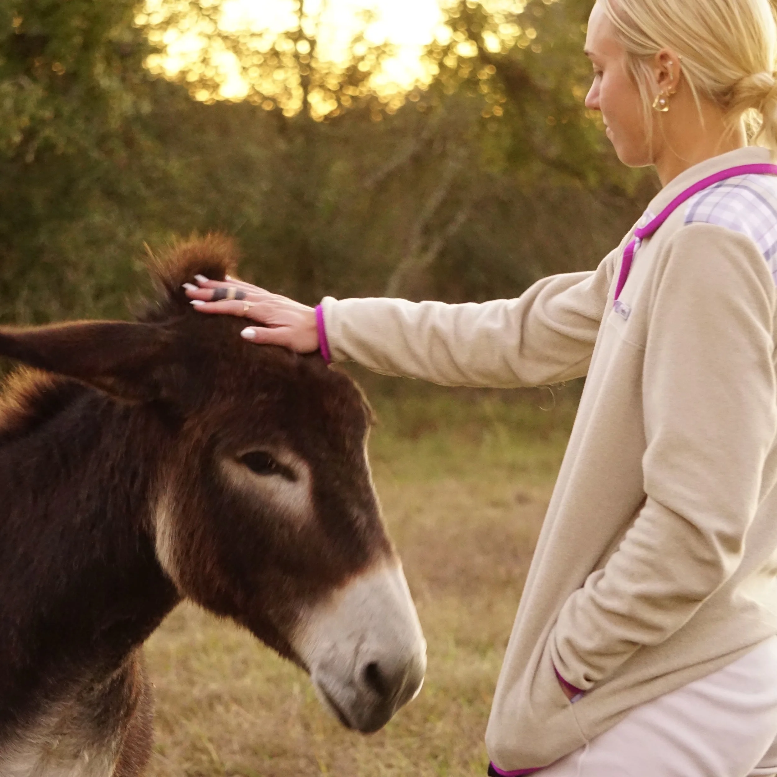 A woman with blonde hair and earrings gently petting a horse outside during sunset.