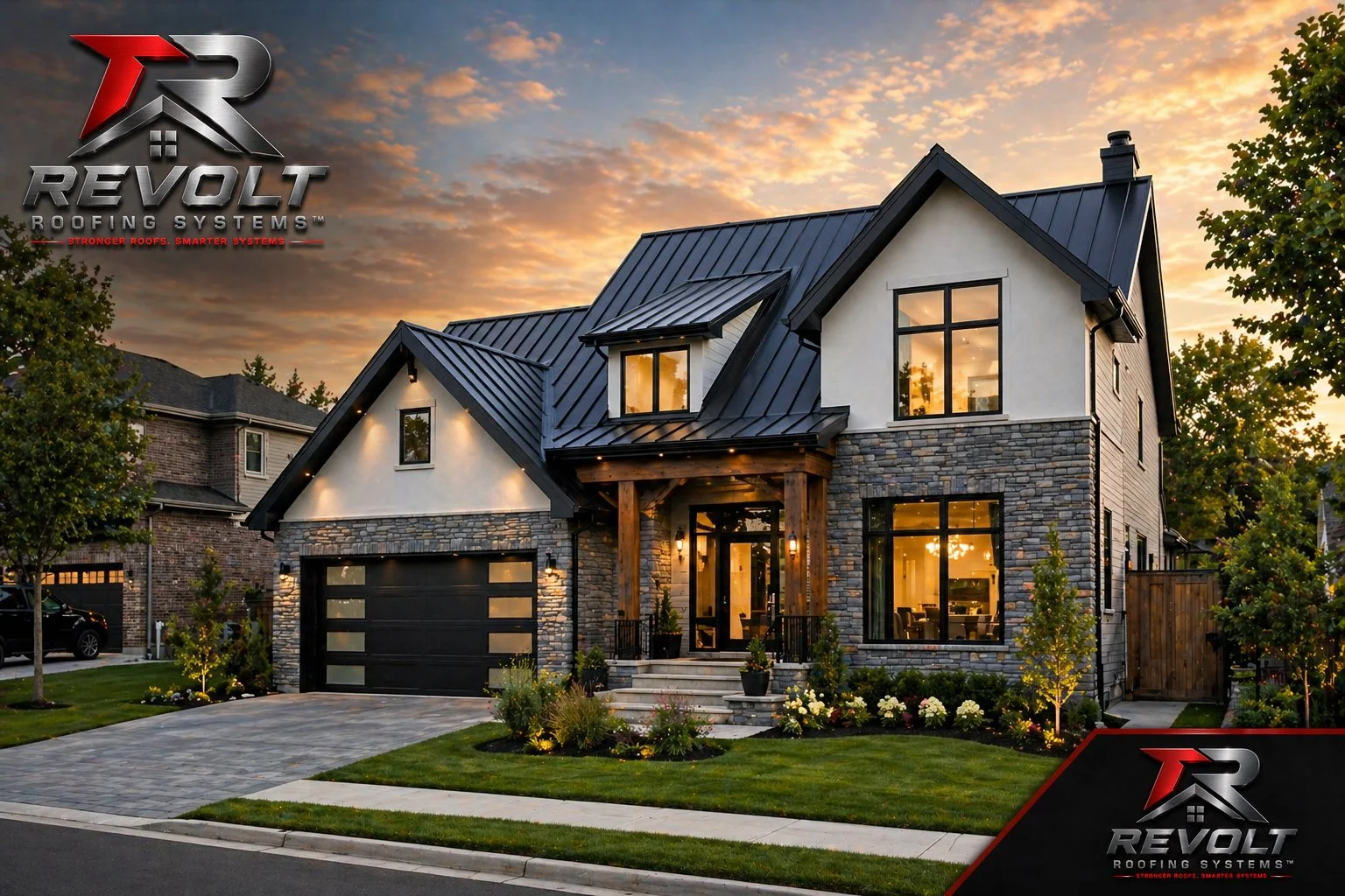 A modern two-story house with a black metal roof, stone and white siding exterior, and large windows at sunset. The front yard has a driveway, manicured lawn, trees, and landscaped flowerbeds. The house features a covered porch with wooden posts and lighting.