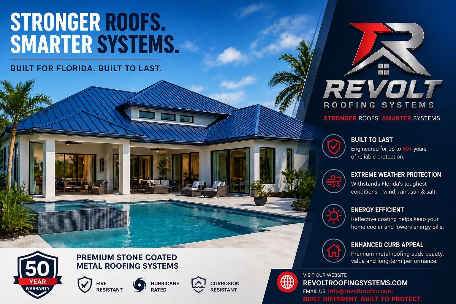 Advertisement for Revolt Roofing Systems featuring a house with a blue metal roof, a pool, and loungers, emphasizing stronger roofs, smarter systems, and long-lasting protection.