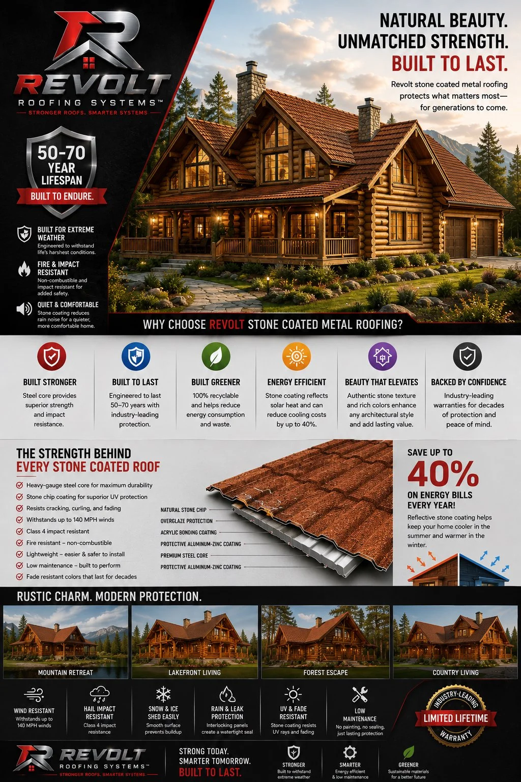 Infographic promoting Revolt roofing systems, featuring a large wooden house, highlighting the benefits of stone coated metal roofing, such as durability, weather resistance, energy efficiency, and aesthetic appeal, with additional information on roofing features, types of settings, and warranty details.