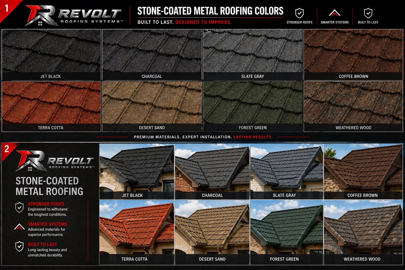 Comparison of stone-coated metal roofing colors and examples of roofs with different colors, including jet black, charcoal, slate gray, coffee brown, terra cotta, desert sand, forest green, and weathered wood.