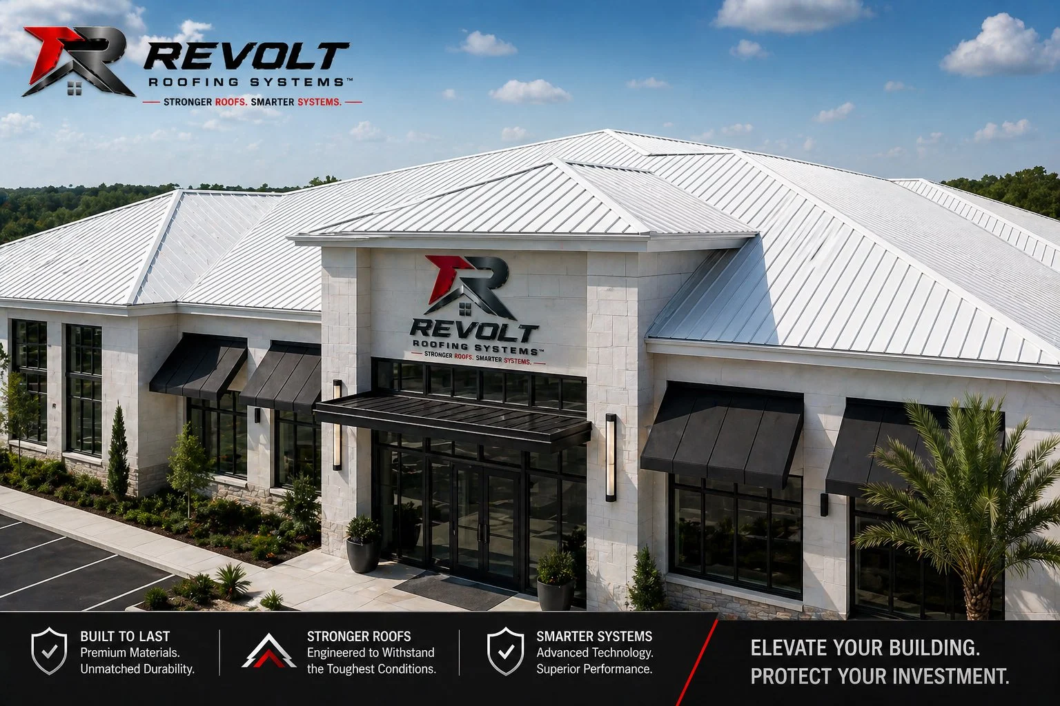 Modern commercial building with metal roofing, branded with Revolt Roofing Systems logo, surrounded by palm trees and sidewalk, under a partly cloudy sky.