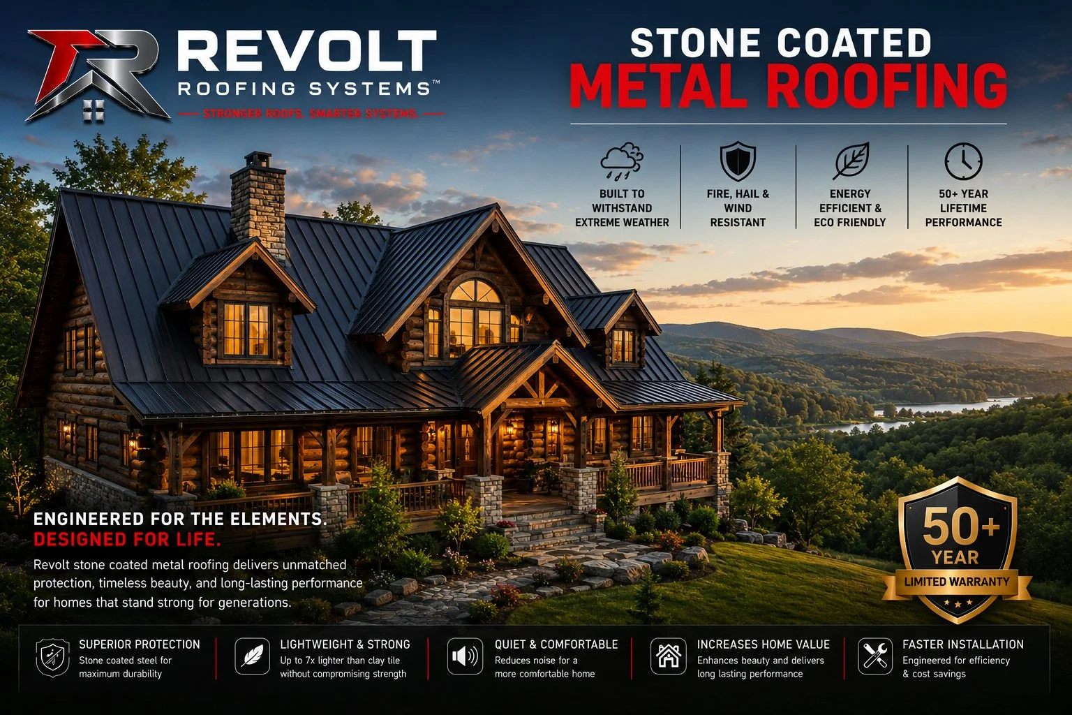A large wooden house with a metal roof at sunset, surrounded by trees and a lake, advertising stone coated metal roofing from Revolt Roofing Systems.