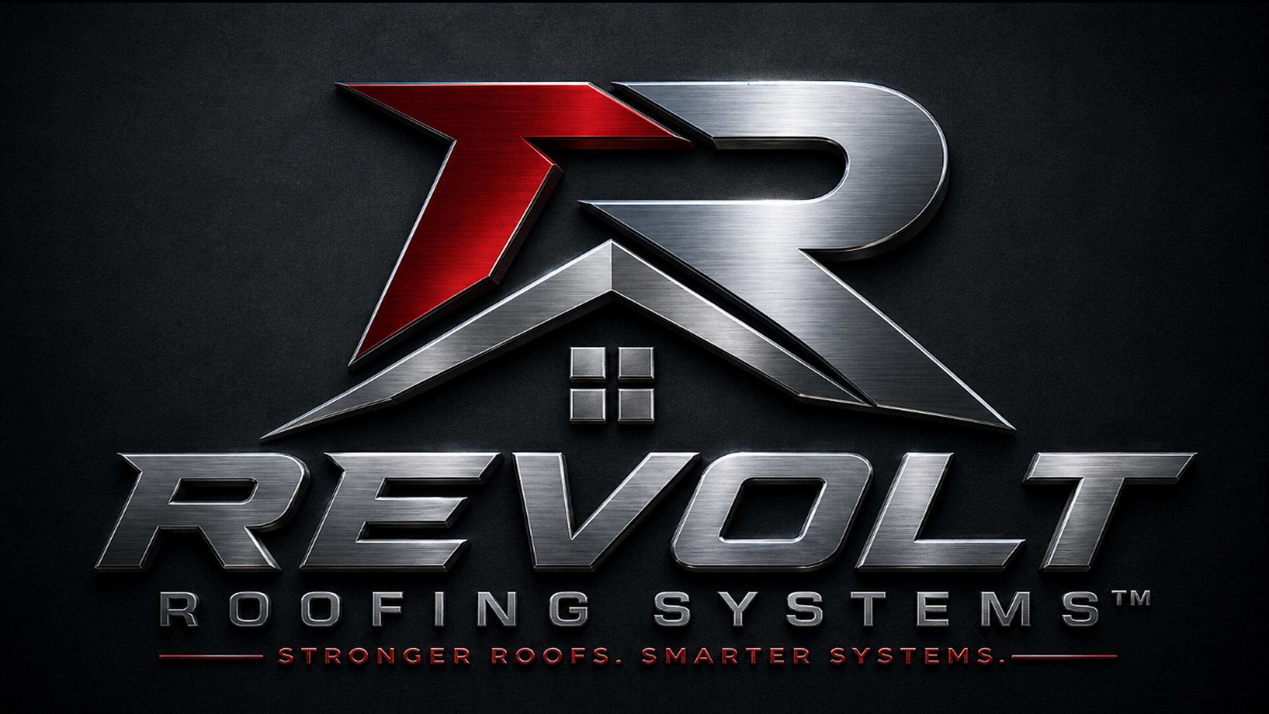 A metallic logo with red, silver, and black colors for REVOLT Roofing Systems, featuring a roof and house design, with the tagline "Stronger Roofs. Smarter Systems."