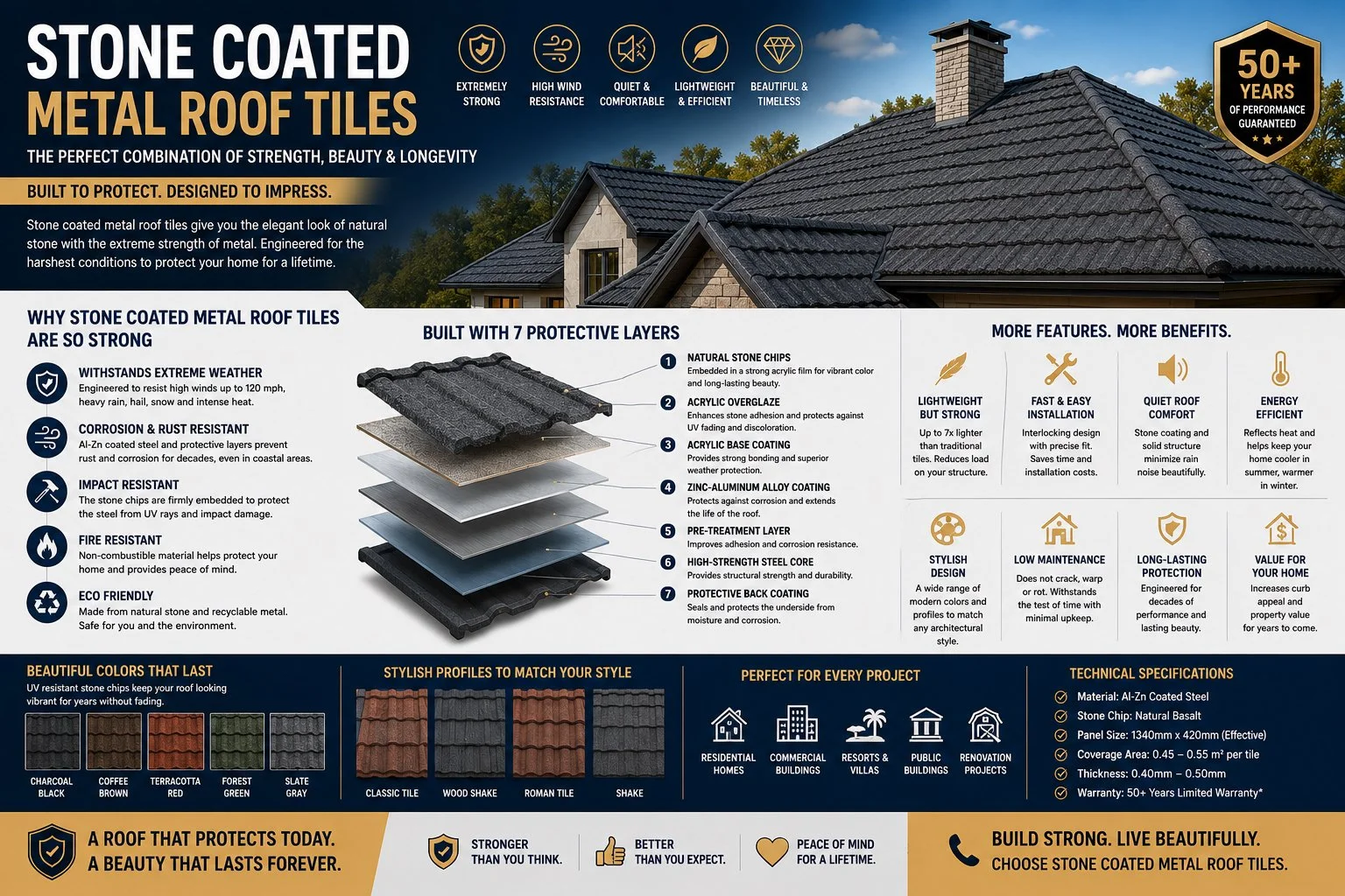 Infographic about stone-coated metal roof tiles highlighting their strength, durability, and features, with a house picture in the background.
