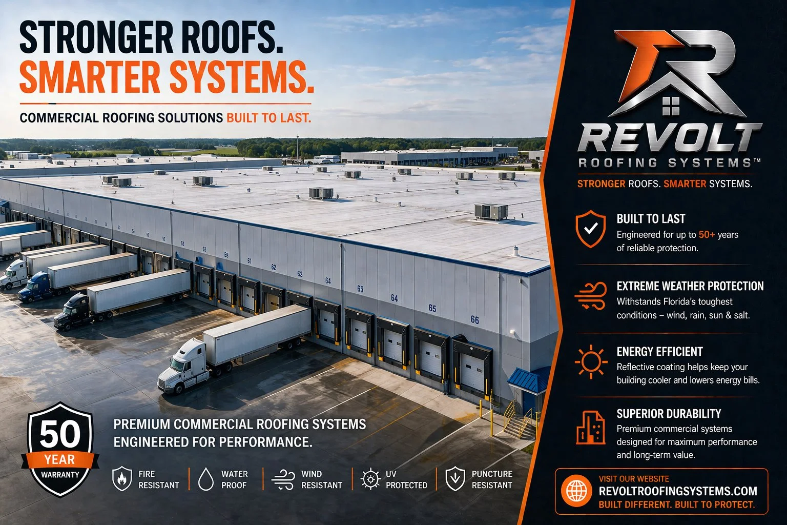 A large commercial roofing warehouse with multiple trucks parked at loading docks, advertisement promoting REVOLT roofing systems highlighting features like durability, weather resistance, and energy efficiency.