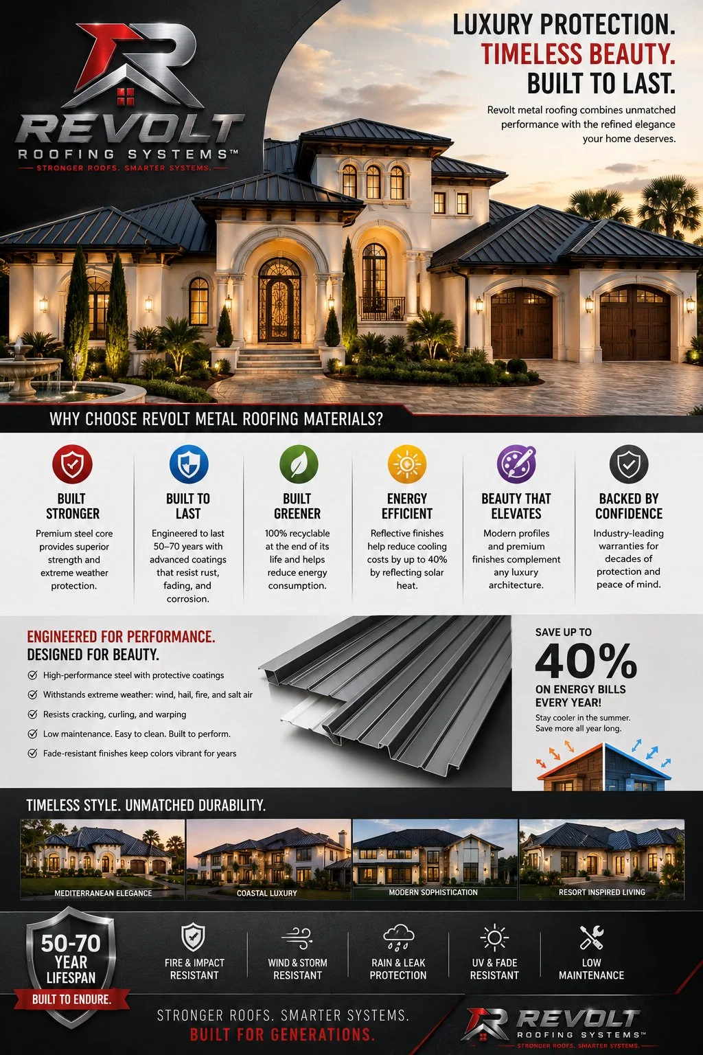 Advertisement for Revolt Roofing Systems emphasizing luxury metal roofing, showing a large upscale house with metal roof, and highlighting benefits such as strength, durability, energy efficiency, style, and confidence.