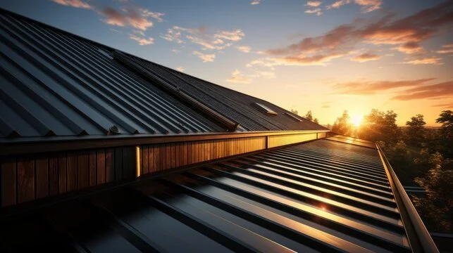 Sunset over a metal and wooden roof with trees in the background