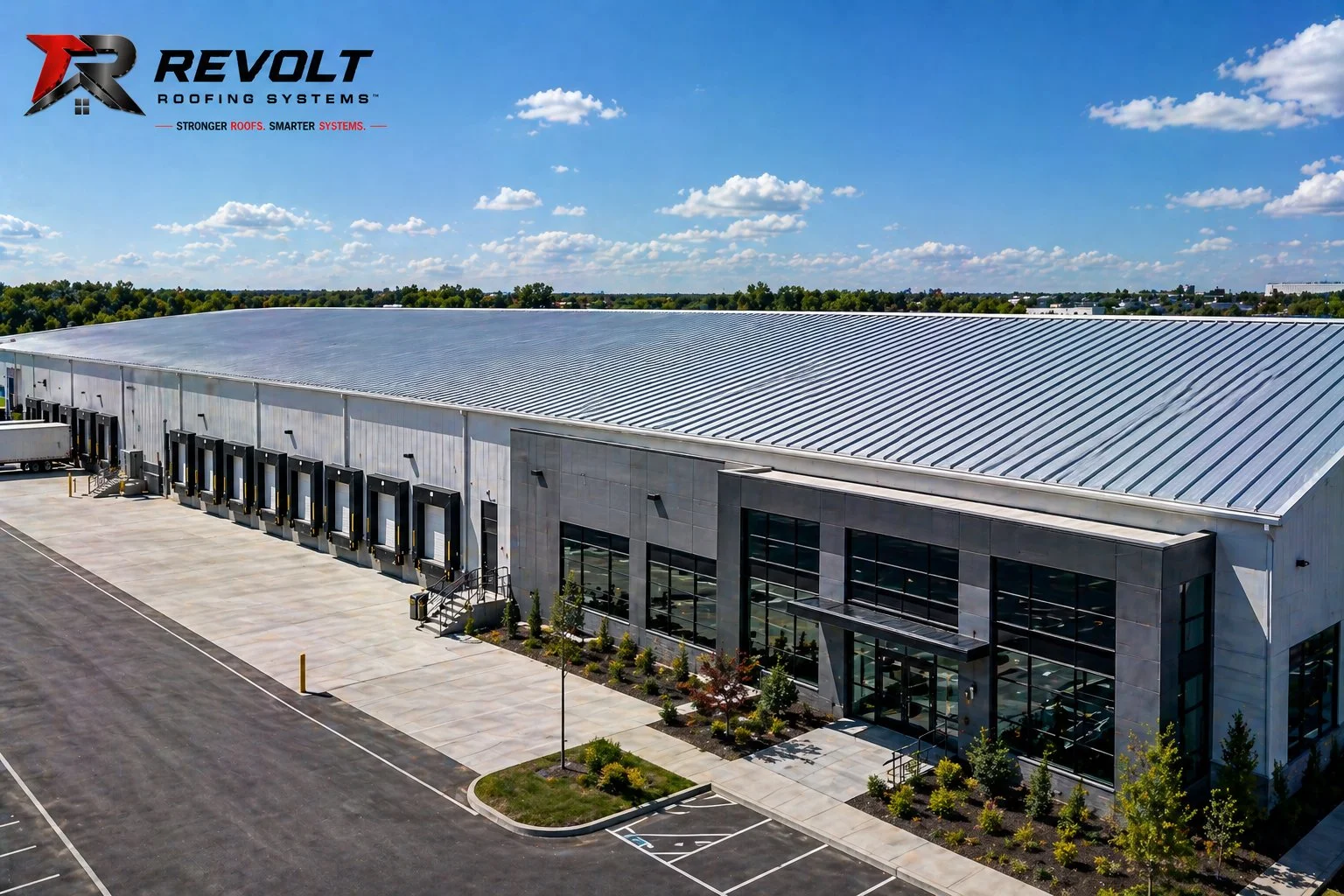 Large industrial building with multiple loading docks, surrounded by a parking lot and landscaped area, under a blue sky with clouds.