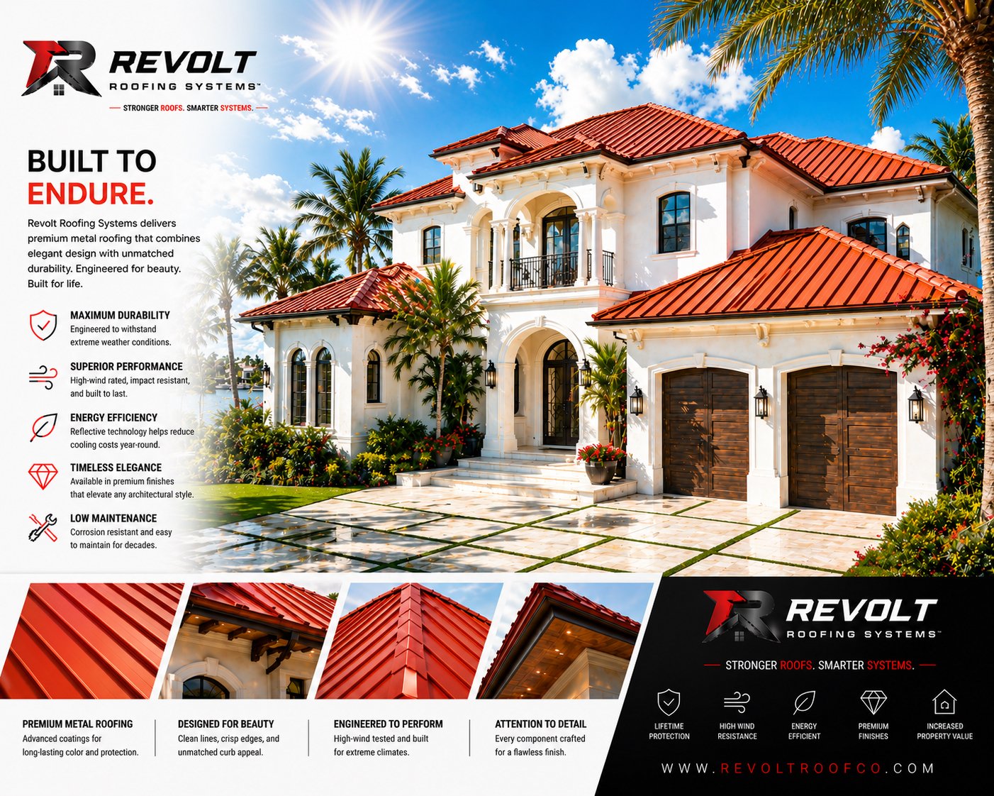 An advertisement for Revolt Roofing Systems promoting metal roofing with a large white house featuring red metal roofing, palm trees, a well-maintained driveway, and a sunny sky.