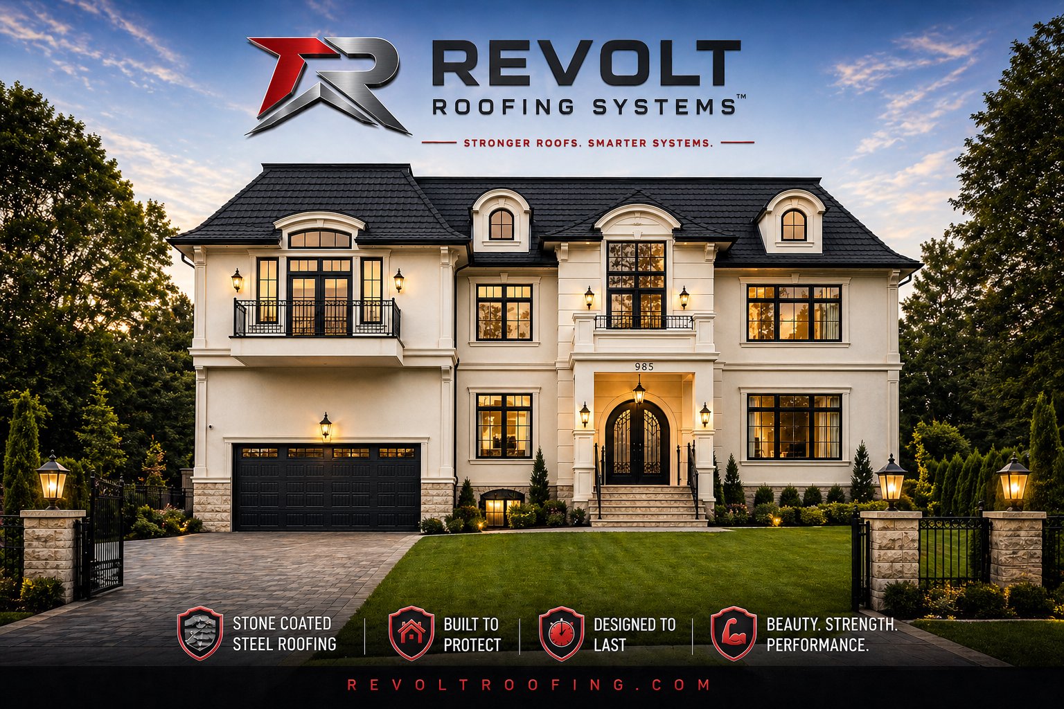 A large elegant house with a stone-coated steel roof illuminated by exterior lights, featuring multiple windows, balconies, and a front staircase, surrounded by landscaping and trees, with an advertisement header for Revolt Roofing Systems.