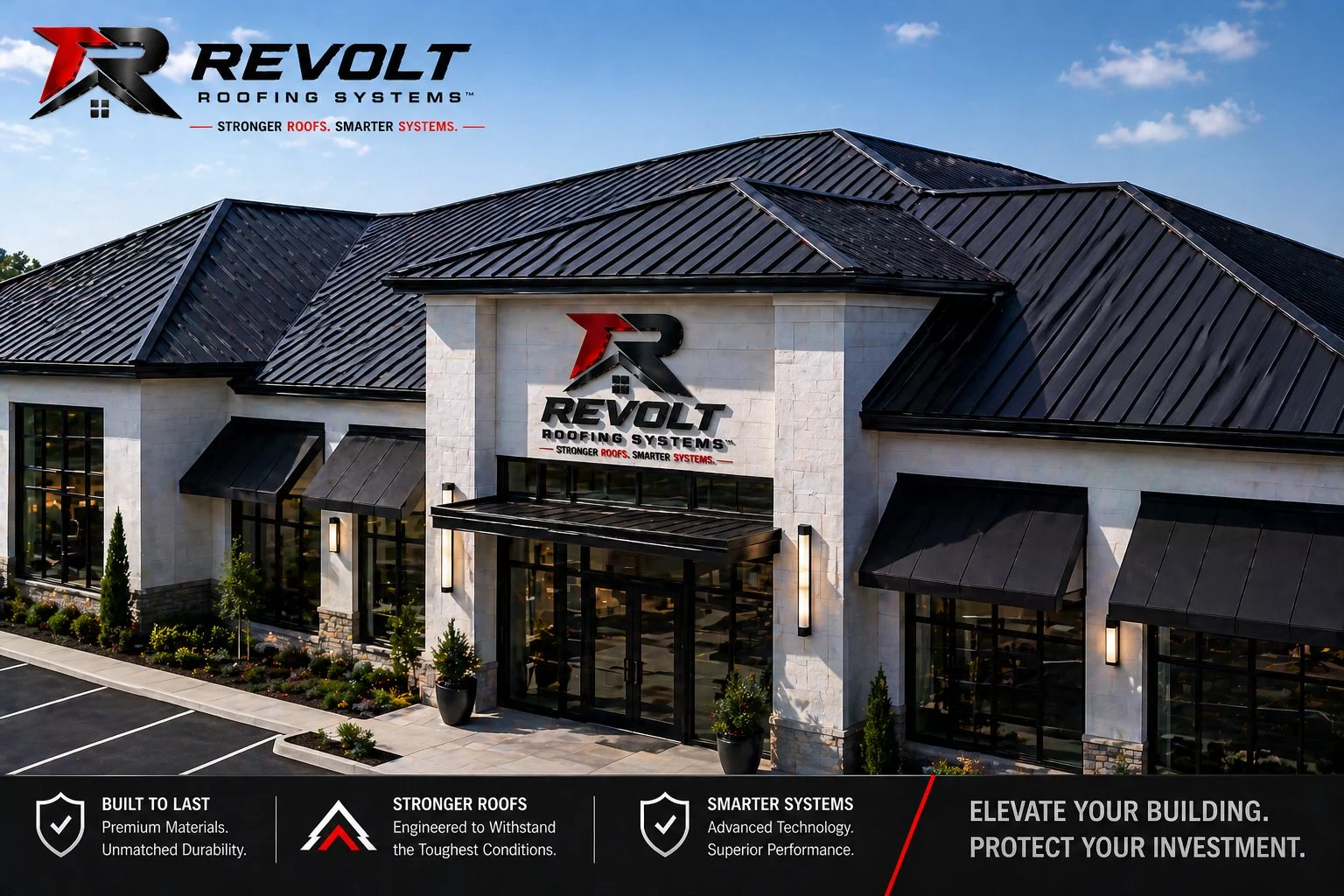 Exterior of a commercial building with black metal roofing, large glass doors, and windows. The building has a sign for Revolt Roofing Systems and landscaping with potted plants and small trees. The sky is blue with some clouds.