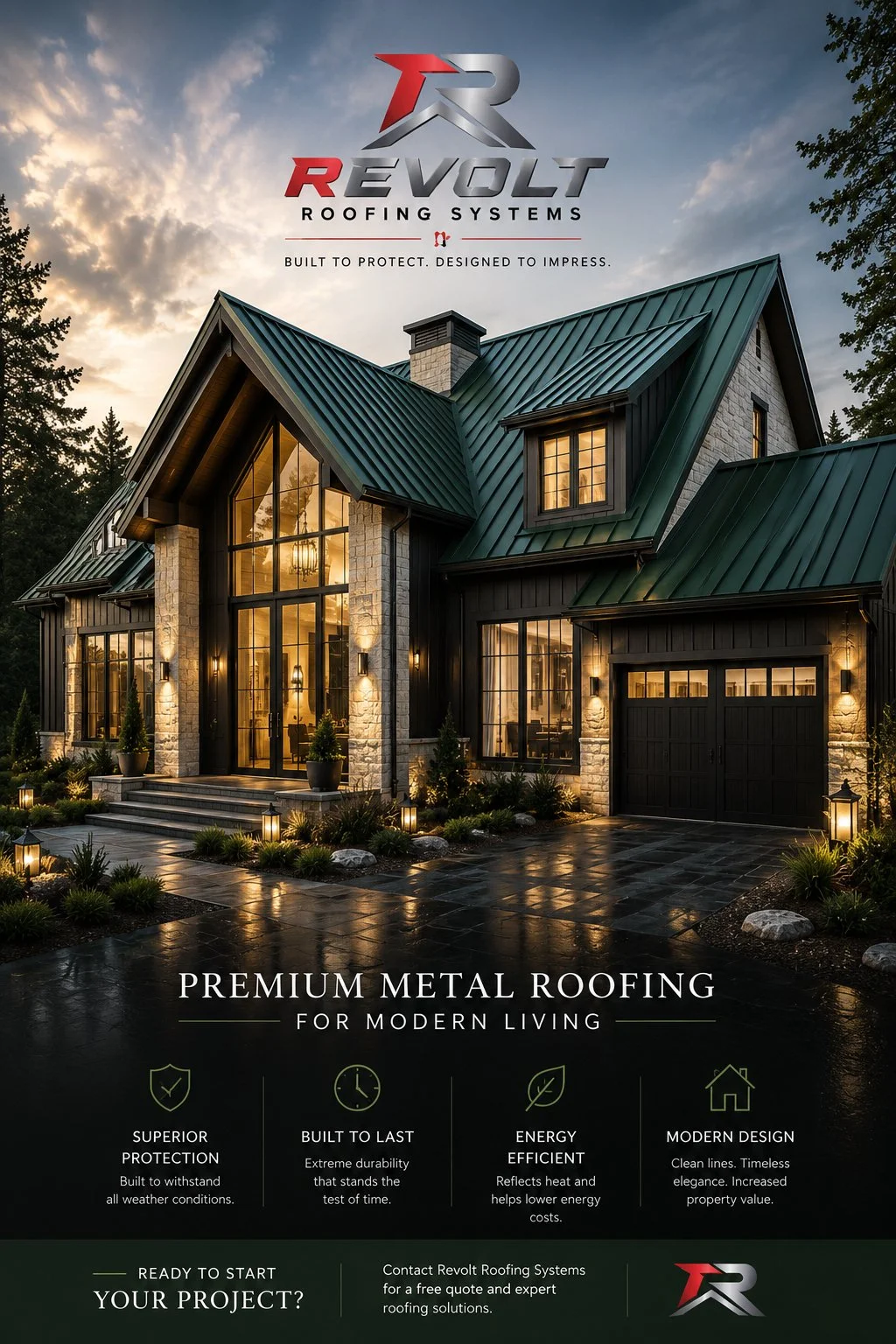 A modern house with a green metal roof, lit from inside, surrounded by landscaping and outdoor lighting at dusk, advertising Revolt Roofing Systems with their premium metal roofing.