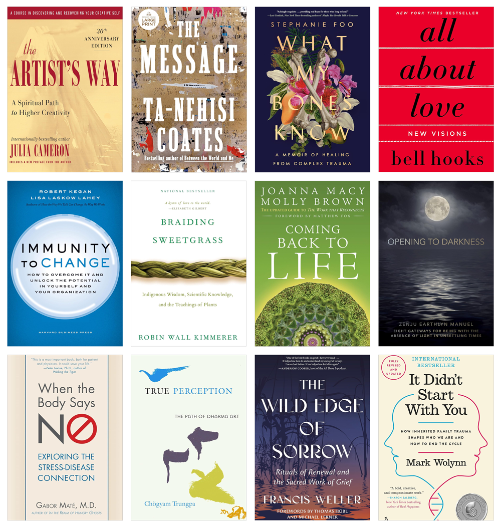 A collection of twelve book covers arranged in three rows and four columns, featuring titles on topics such as art, messages, healing, love, immunity, plants, life, darkness, body, perception, sorrow, and trauma.