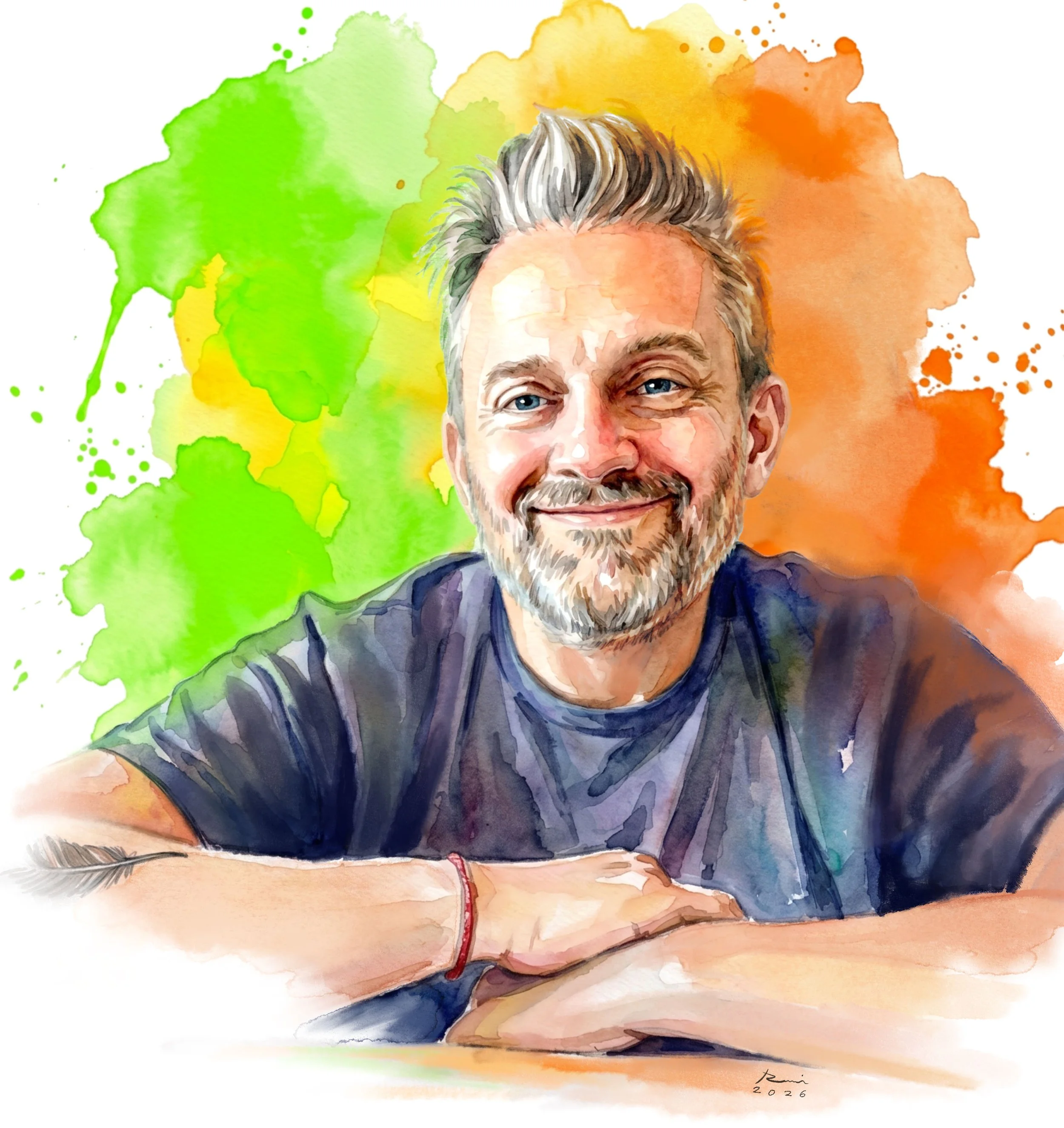 Watercolor portrait of a smiling middle-aged man with gray hair and beard, wearing a dark shirt, set against a colorful splash background of green, yellow, orange, and blue.