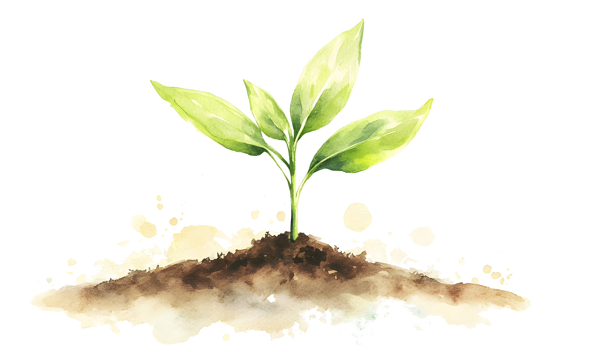 Watercolor illustration of a young green plant sprouting from dark soil.