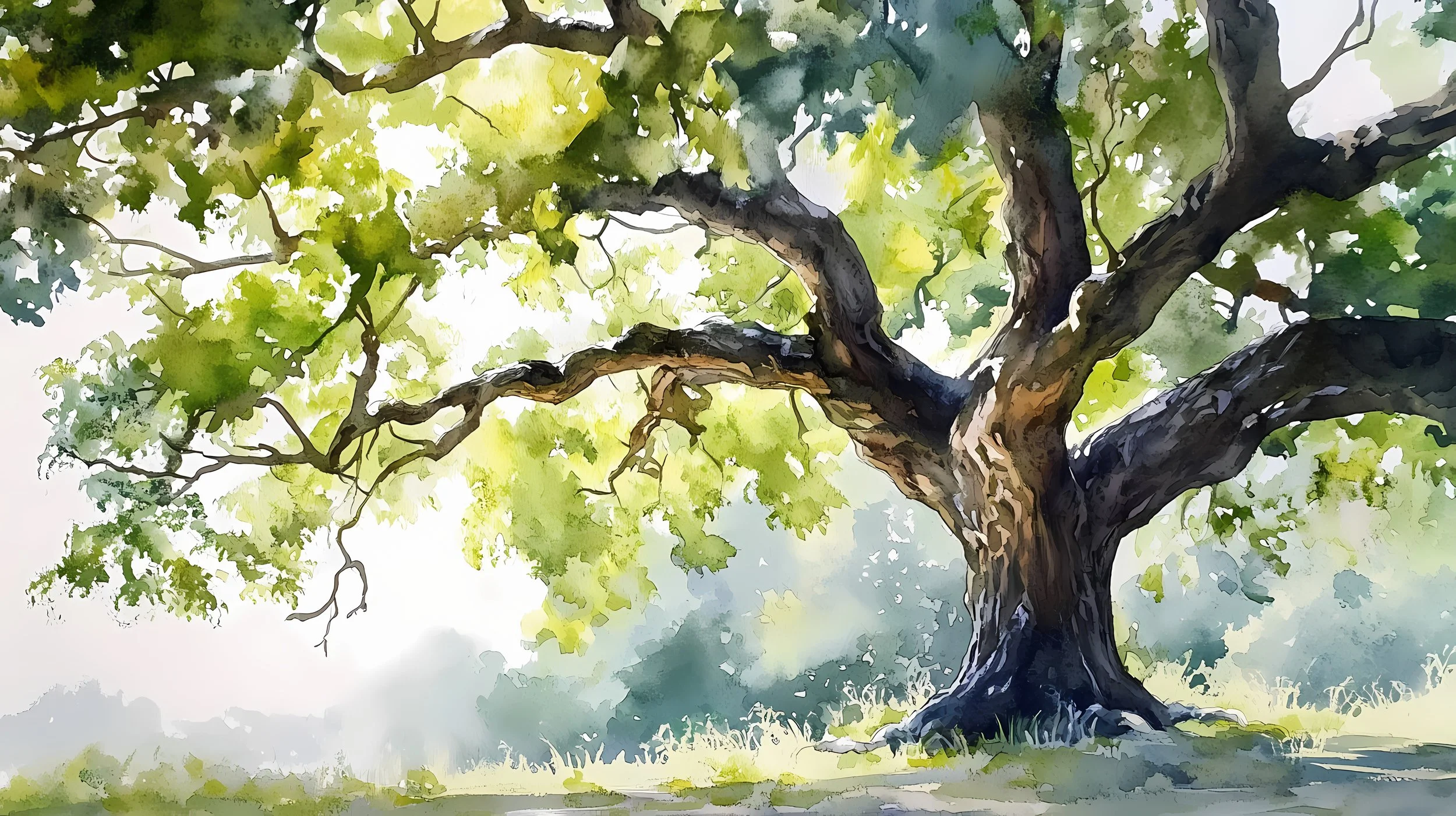 A watercolor painting of a large tree with a thick trunk and sprawling branches, surrounded by green leaves and a grassy ground.