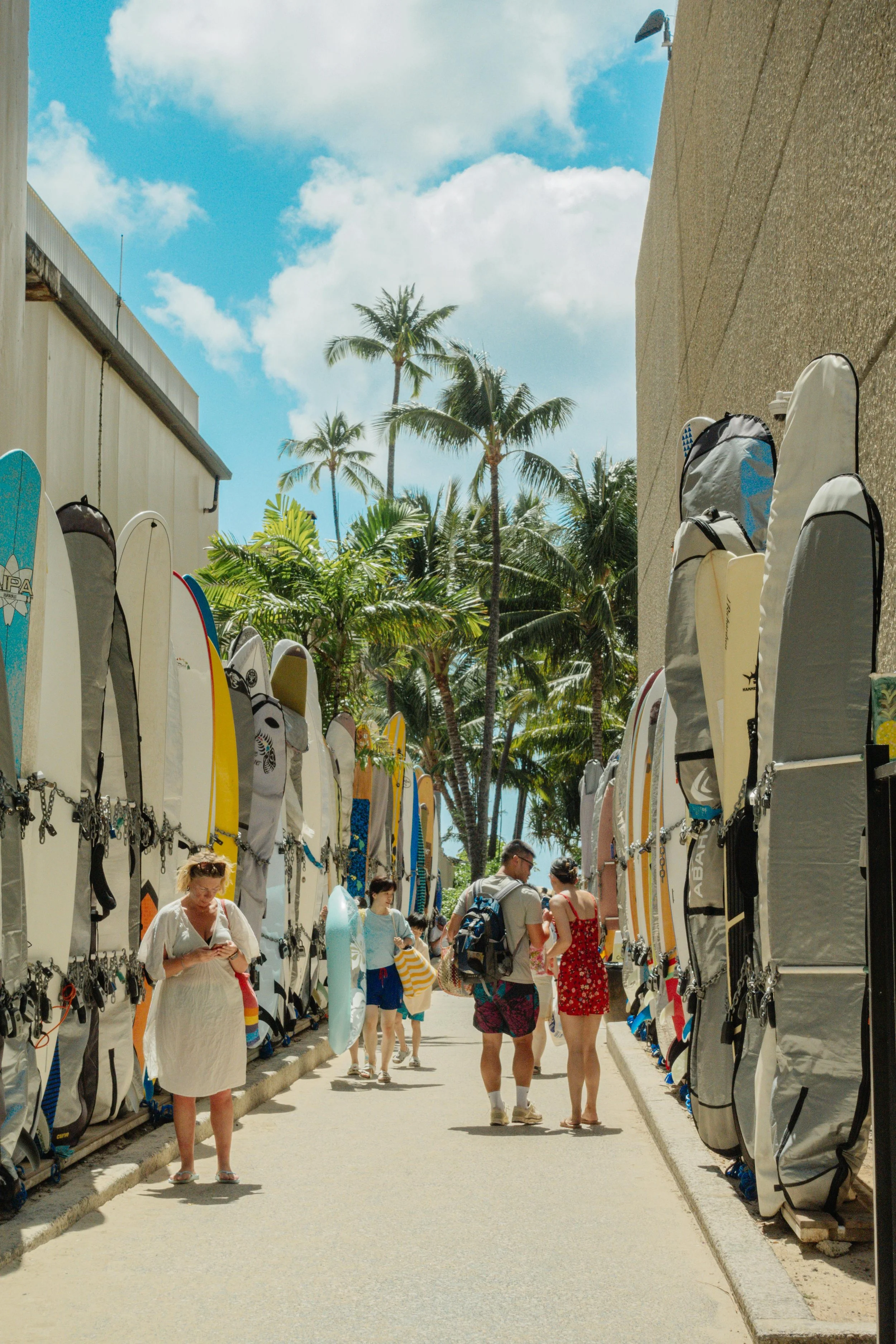 People walking past a row of surfboard bags at a tropical beach location with palm trees and a partly cloudy sky.