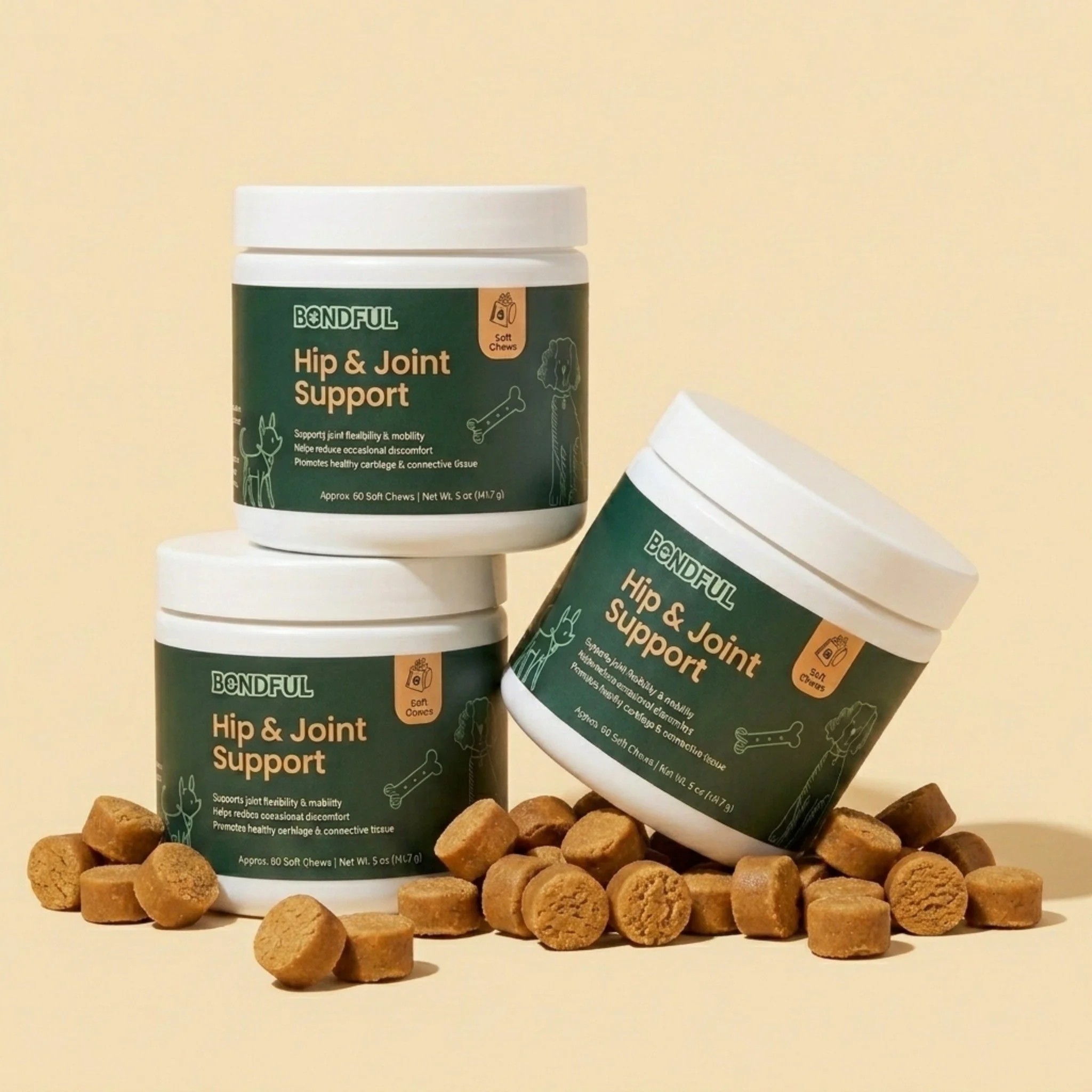 Bondful Hip and Joint soft chews for dogs. Glucosamine, Chondroitin, and MSM supplement for dog joint health.