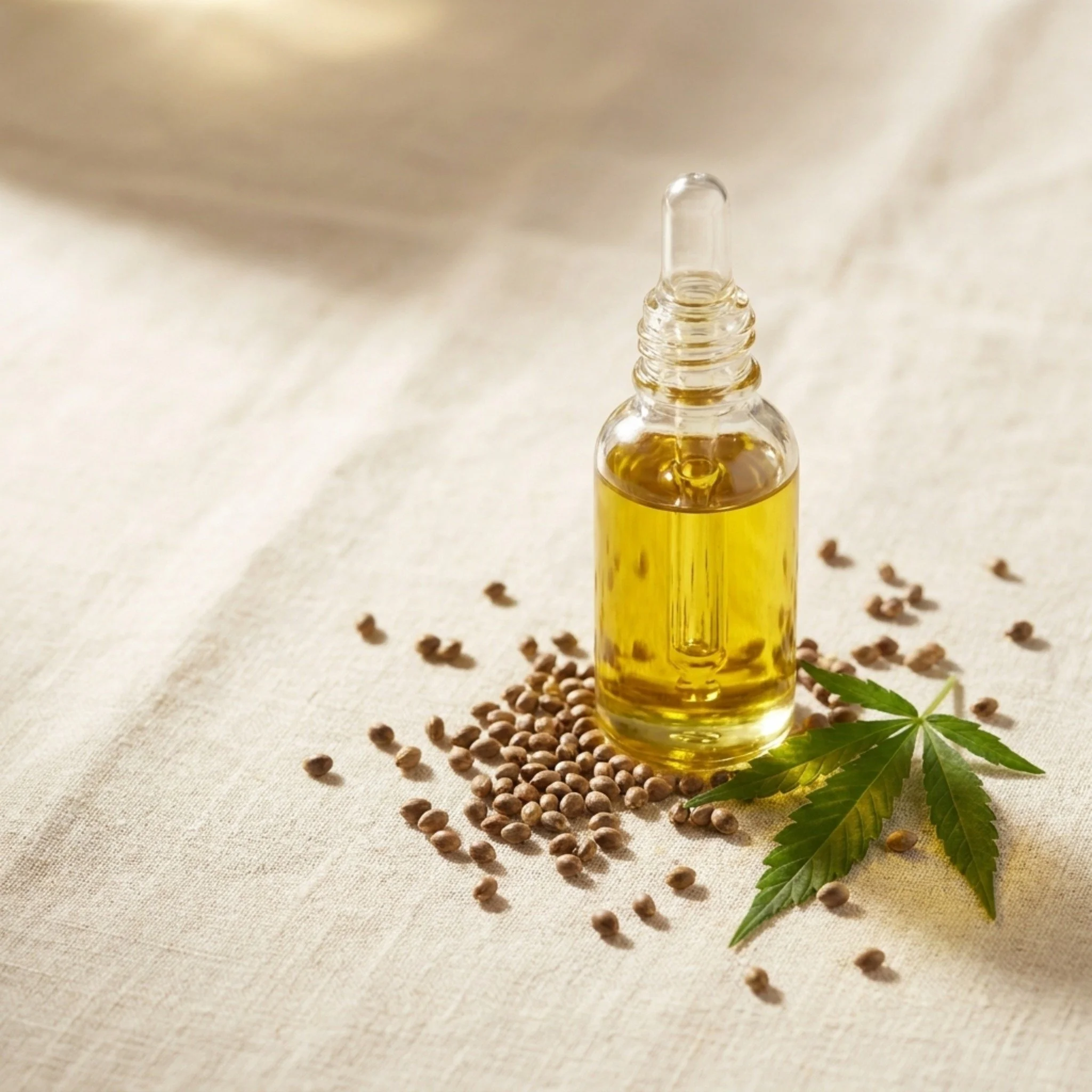 Hemp seed oil bottle with hemp seeds and leaf on cream linen, natural Omega-6 source in Bondful dog joint supplement.
