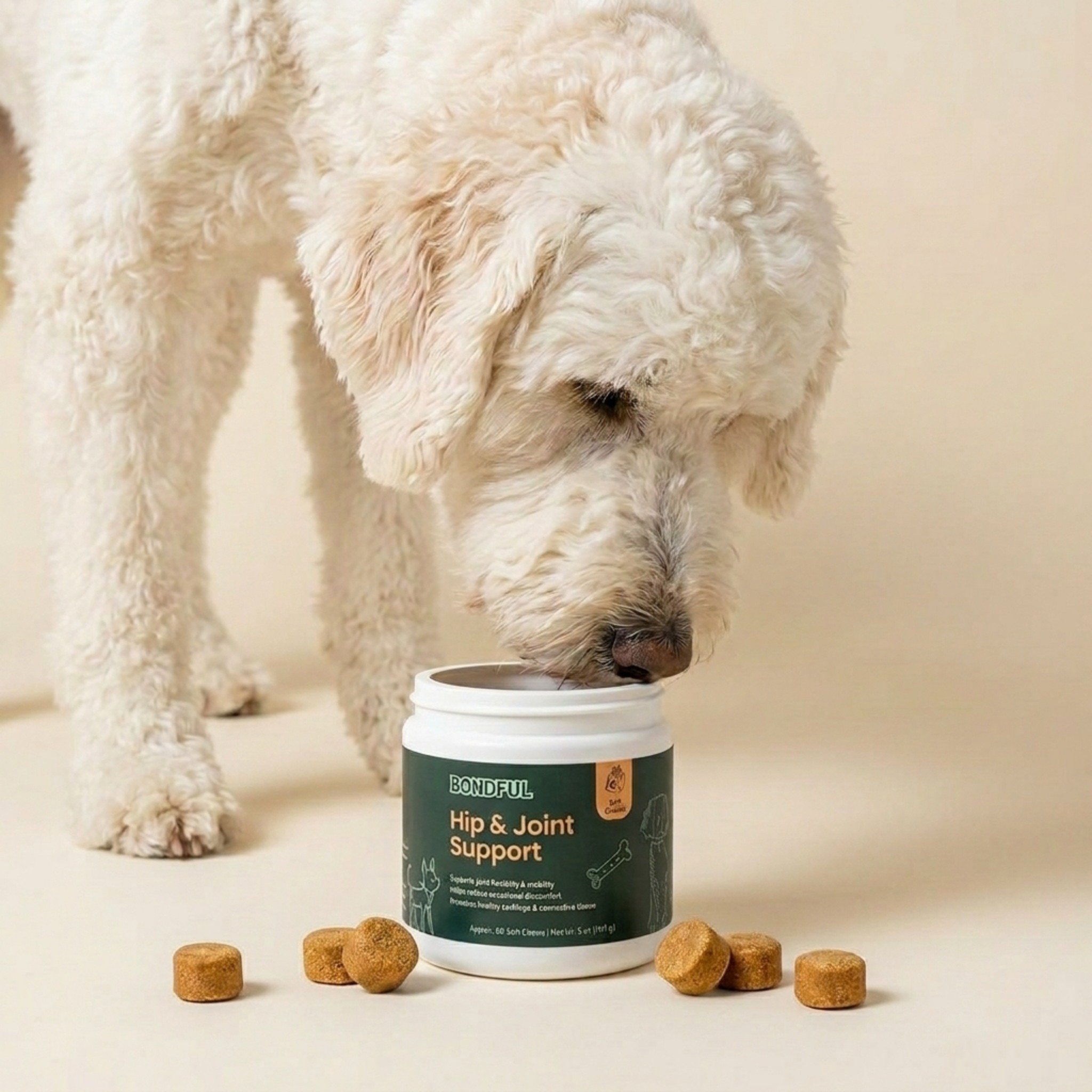White Goldendoodle sniffing Bondful Hip and Joint Supplement jar with soft chews scattered around. Dog joint supplement made in the USA.