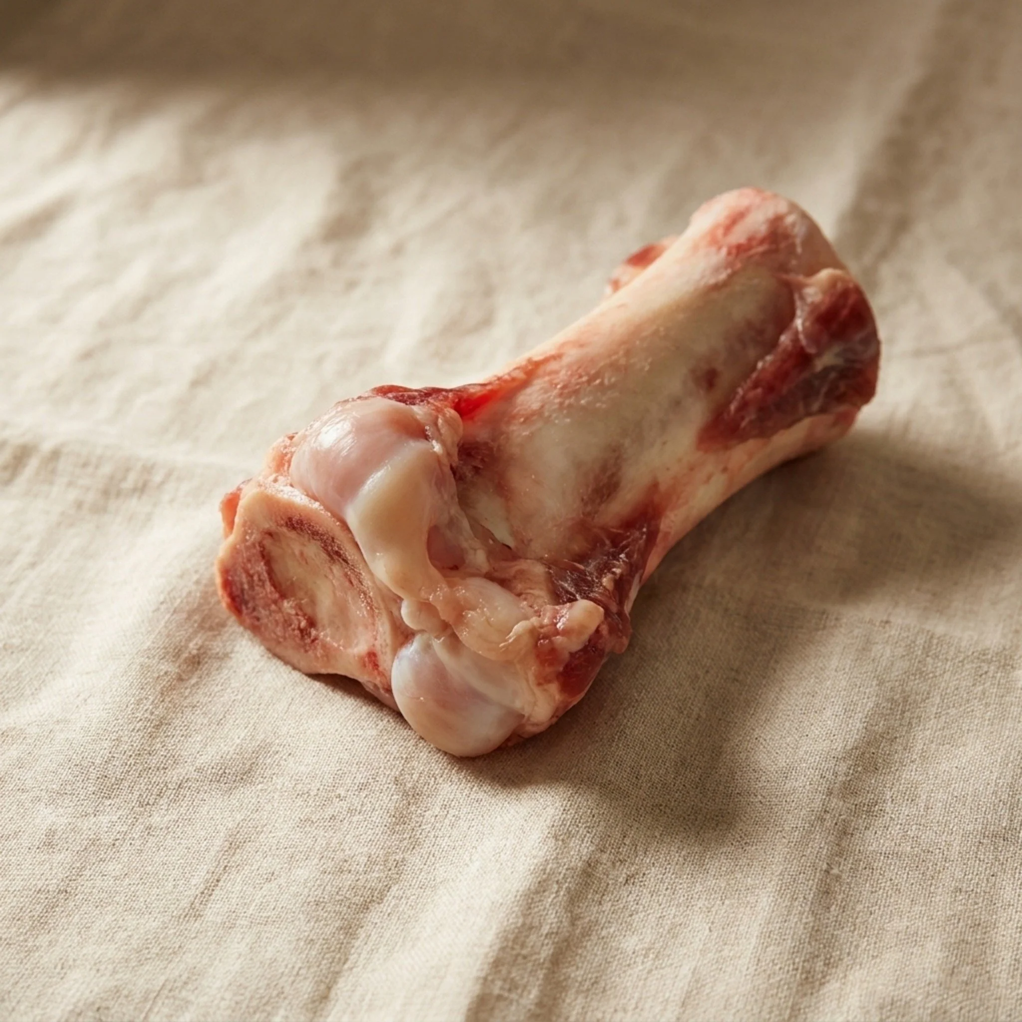 Beef bone with visible cartilage on cream linen, natural source of Chondroitin in Bondful dog joint supplement.