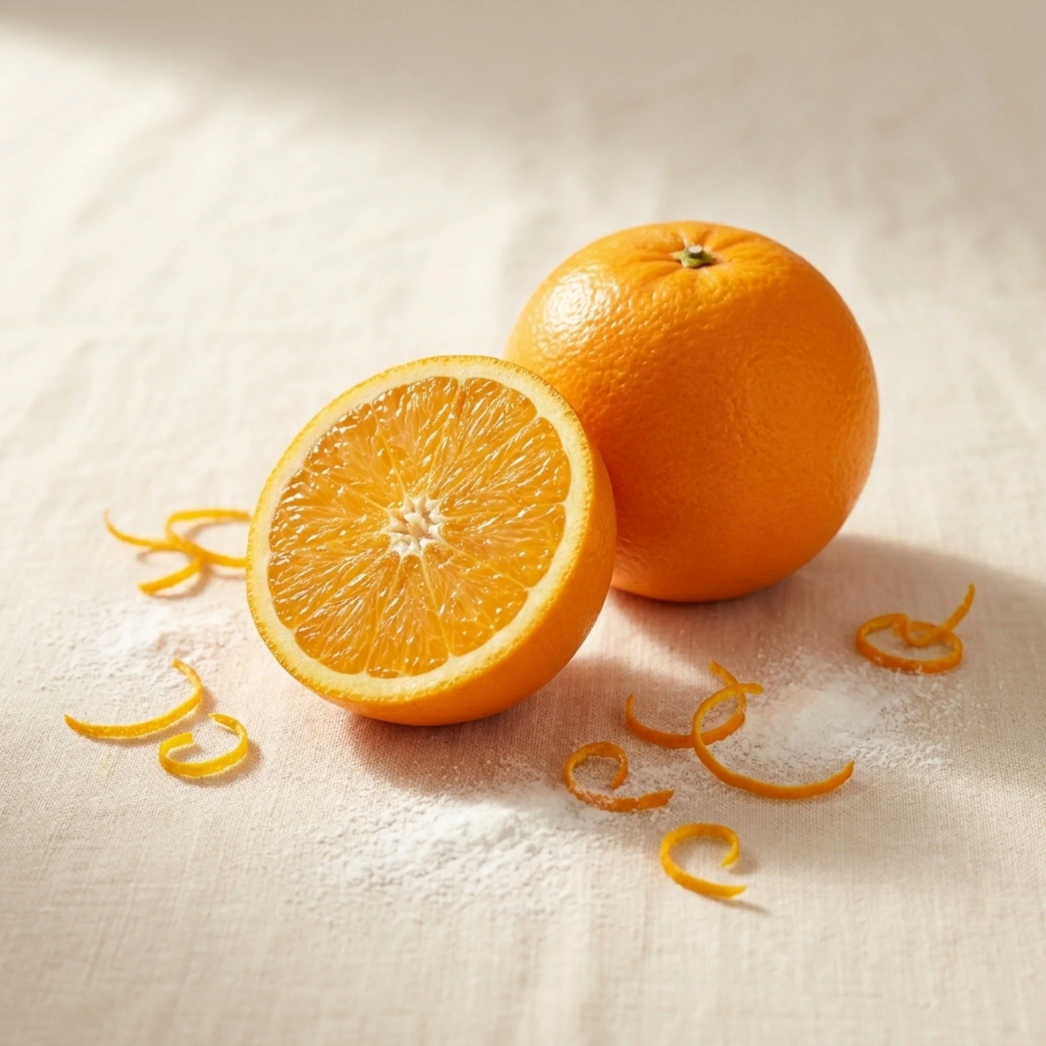 Fresh orange cut in half with orange peel curls on cream linen, natural Vitamin C source in Bondful dog joint supplement.