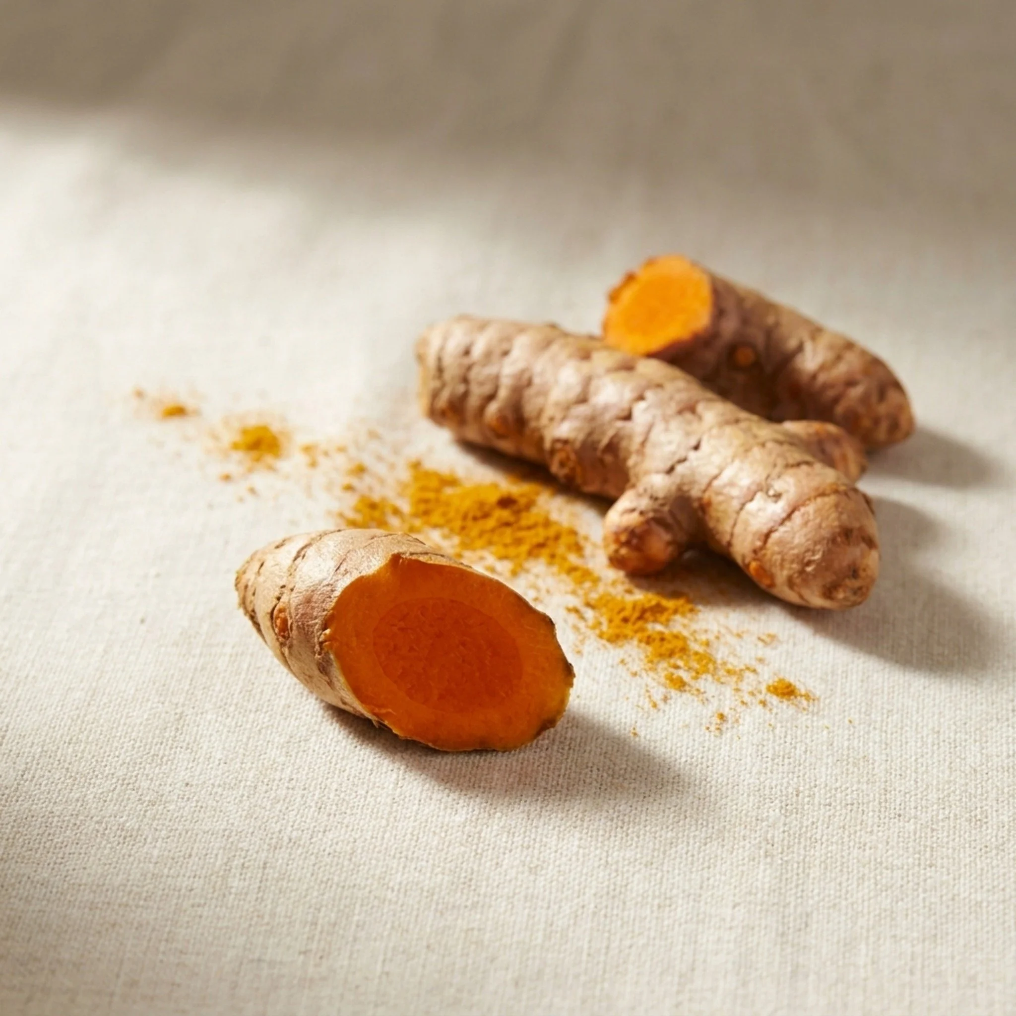 Fresh turmeric root cut open showing vibrant orange interior on cream linen, botanical antioxidant in Bondful Hip and Joint supplement for dogs.