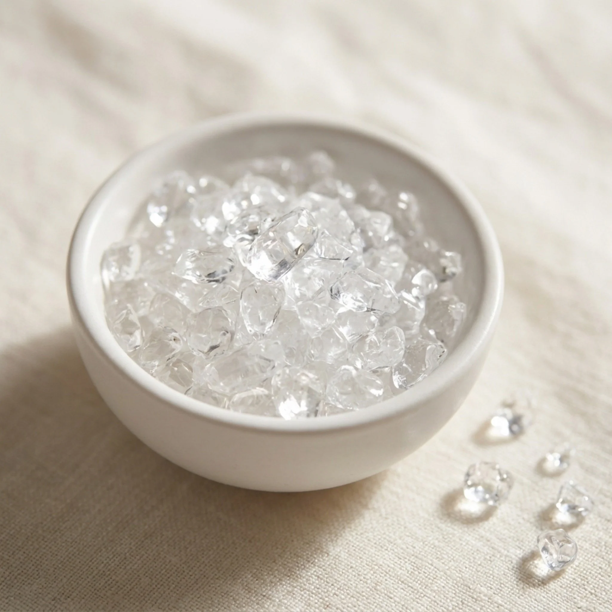 Hyaluronic acid crystals in white ceramic bowl on cream linen, joint lubrication ingredient in Bondful dog supplement.