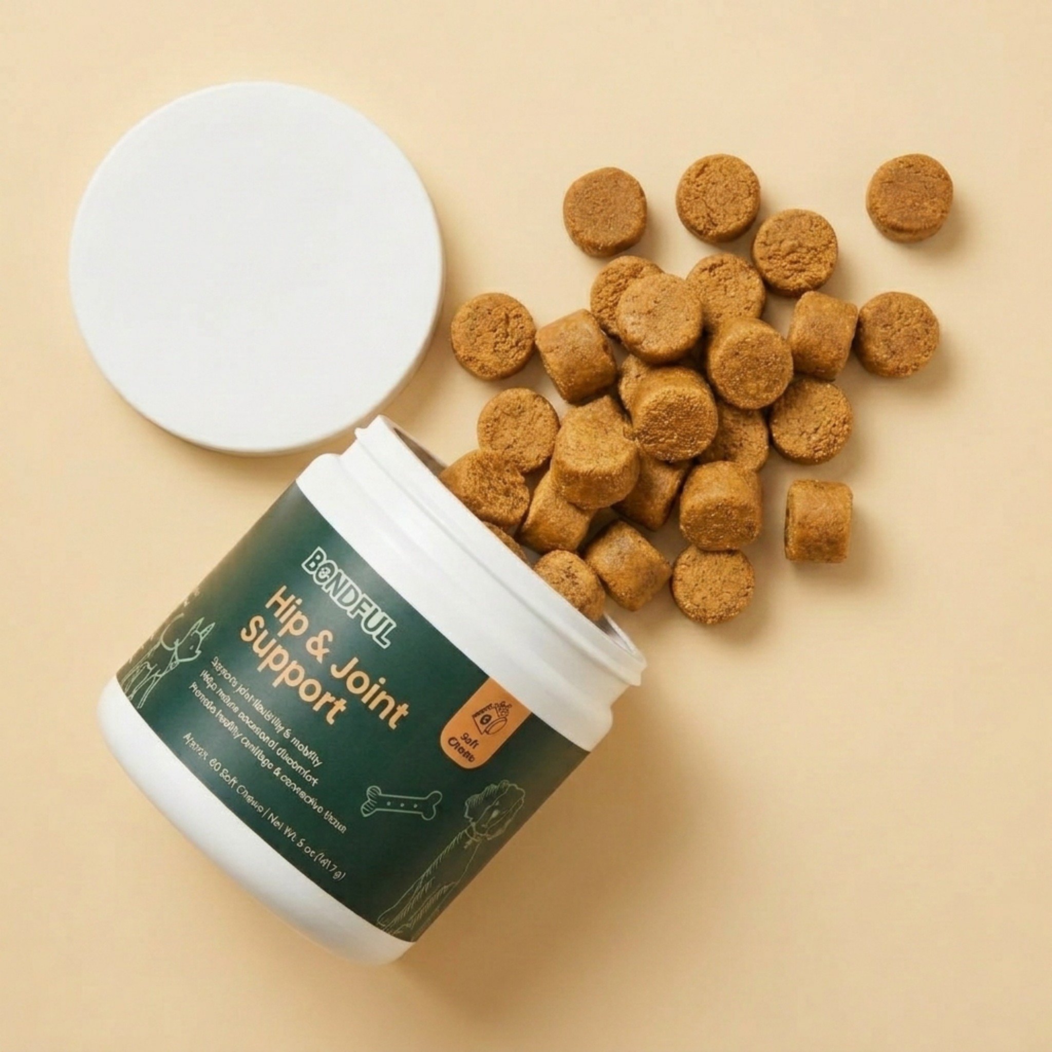 Bondful Hip and Joint Supplement jar tipped on its side with soft round chews spilling out on a beige surface.