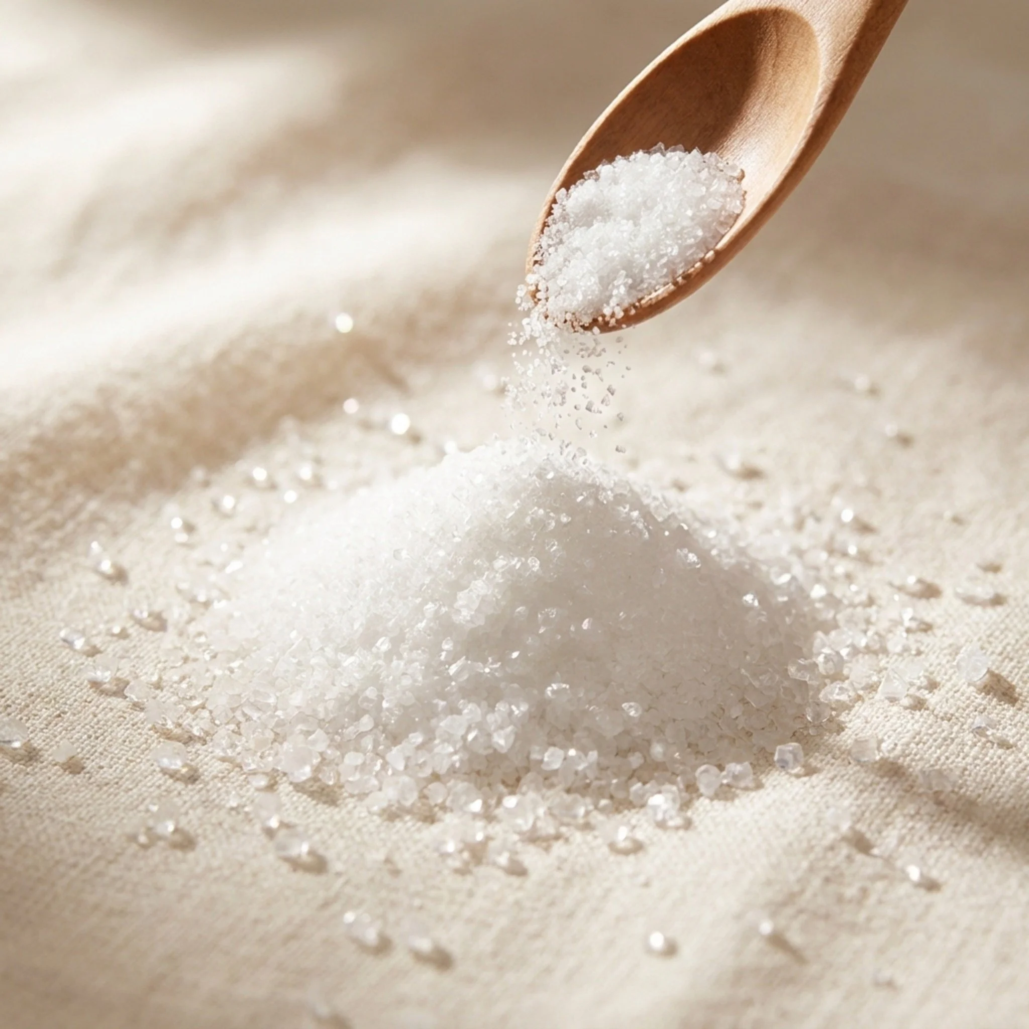 MSM white crystals poured from a wooden spoon on cream linen, natural sulfur compound in Bondful dog supplement.
