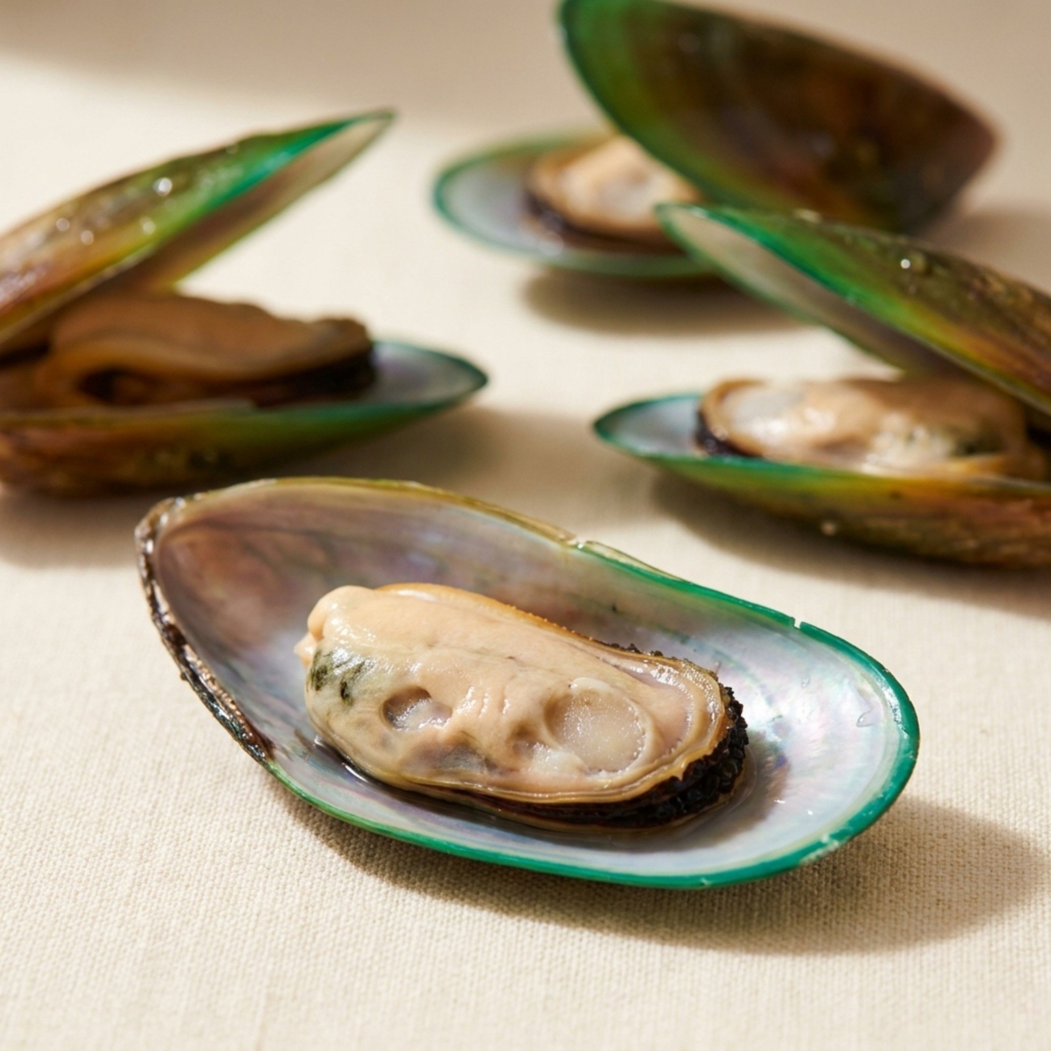 Fresh green lipped mussels on cream linen, natural source of joint mobility support in Bondful dog supplement.
