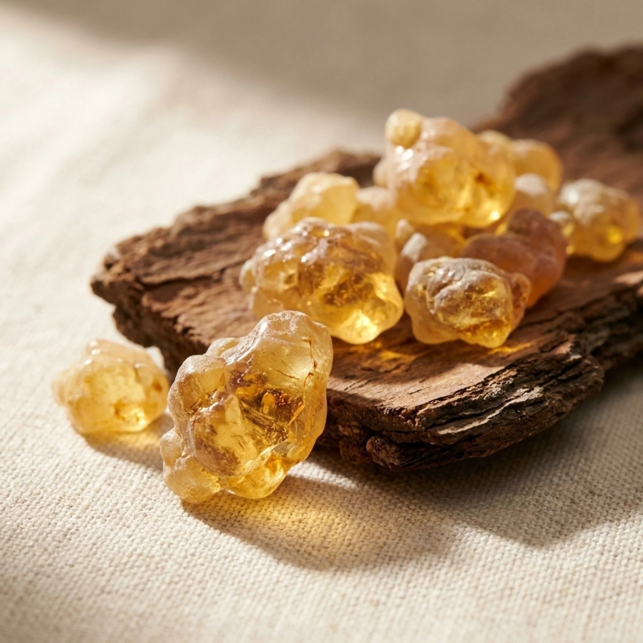 Golden Boswellia resin chunks on dark wood bark on cream linen, botanical ingredient in Bondful Hip and Joint supplement for dogs.