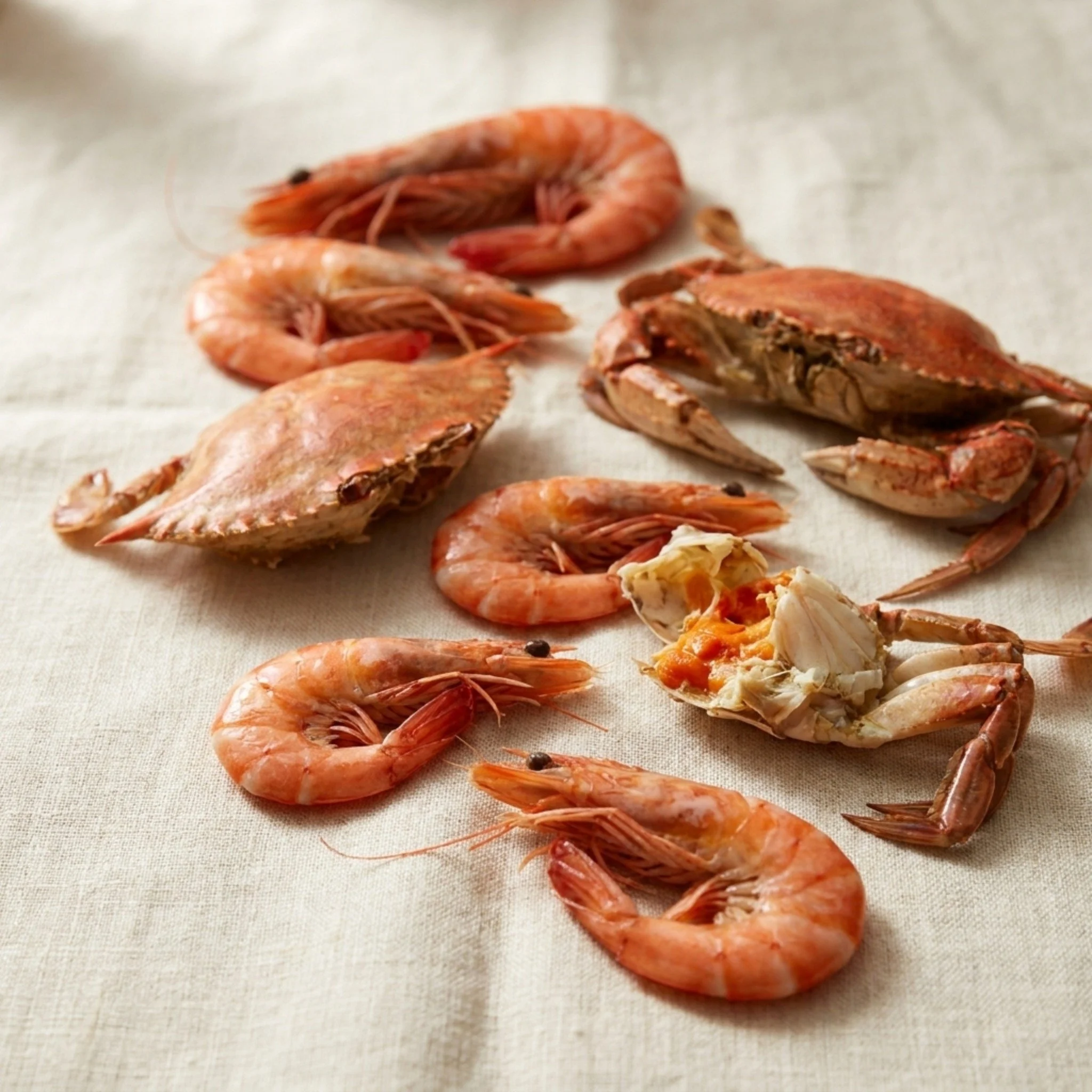 Shrimp and crab shells on cream linen, natural source of Glucosamine HCl in Bondful Hip and Joint supplement for dogs.
