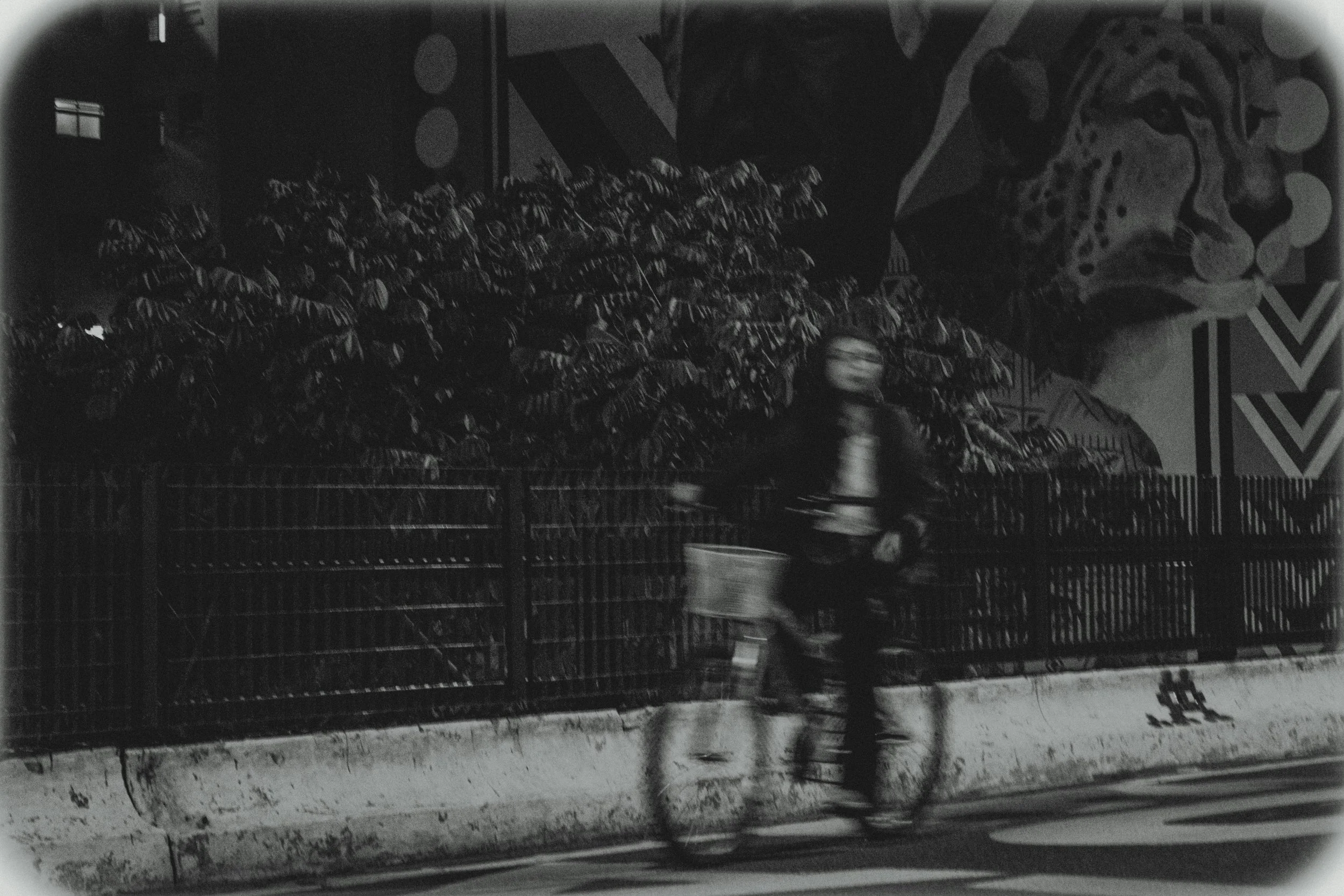 Black and white photo of a mural on a wall featuring a lion's face and geometric and circular designs. In the foreground, there is a person walking past, blurred due to motion.