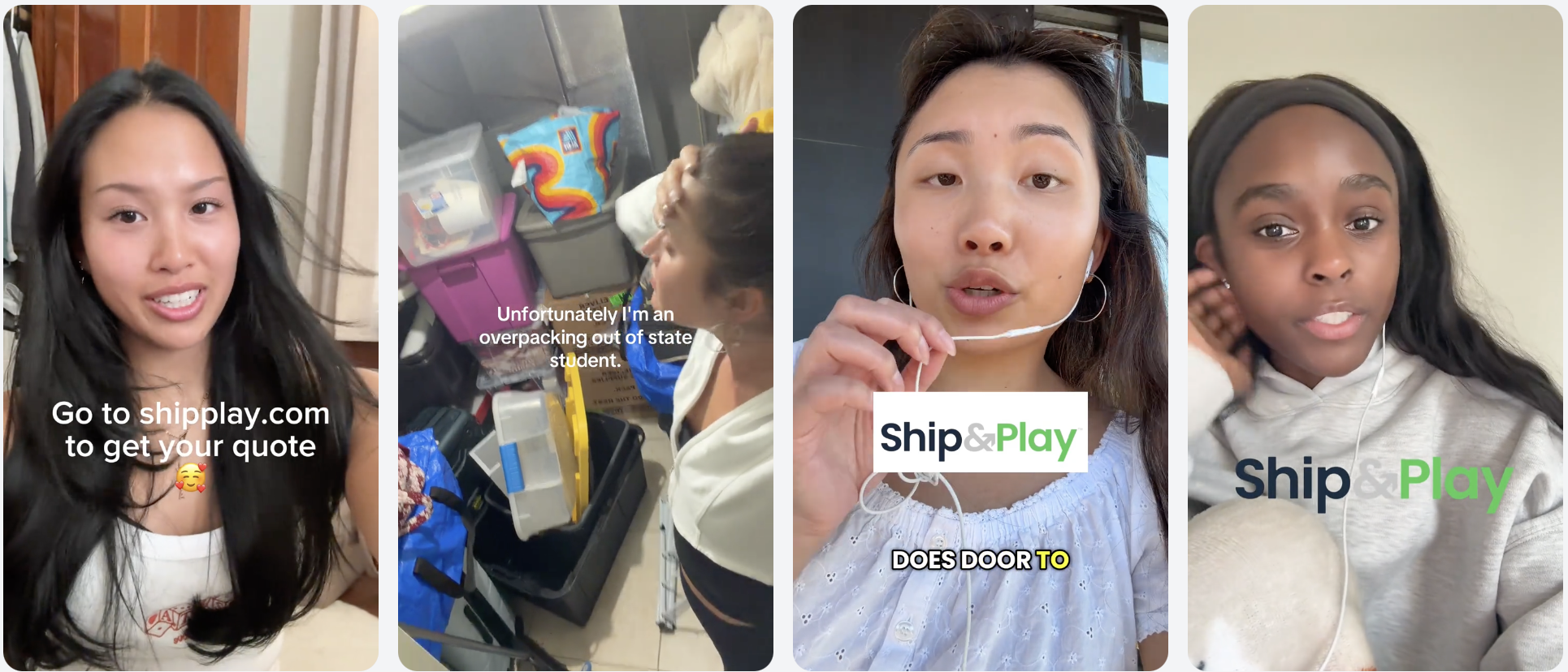 A collage of four women speaking to the camera, with text overlays promoting Ship & Play and a website link, along with a woman in the second image handling shipping supplies. The women are of different ethnicities and background settings, one in a kitchen, one in a workspace, one in a home, and one on a video call.