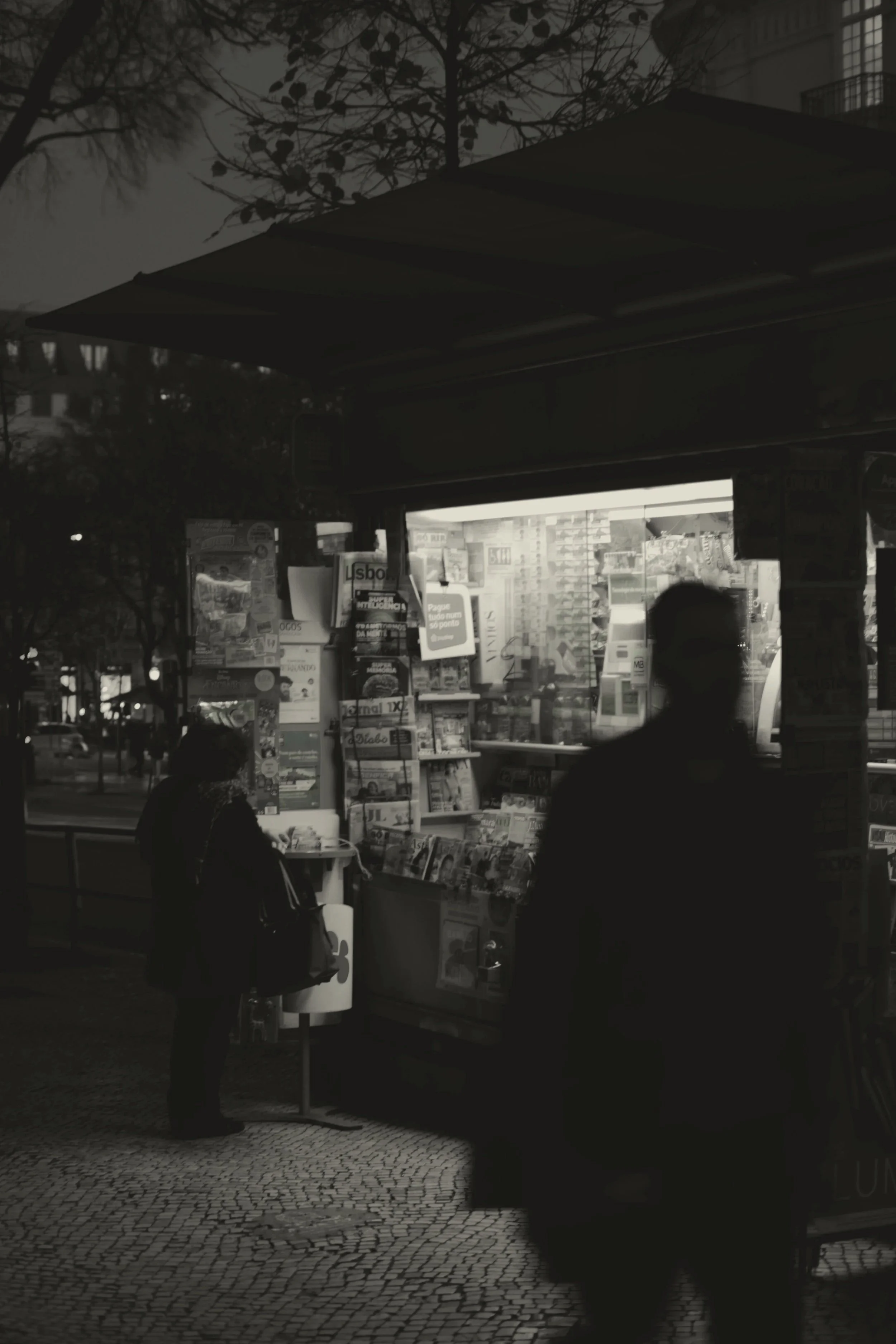 A black and white photo of a small newsstand with magazines and newspapers, two women standing in front of it, one reading and the other looking at the display, with trees and buildings in the background.