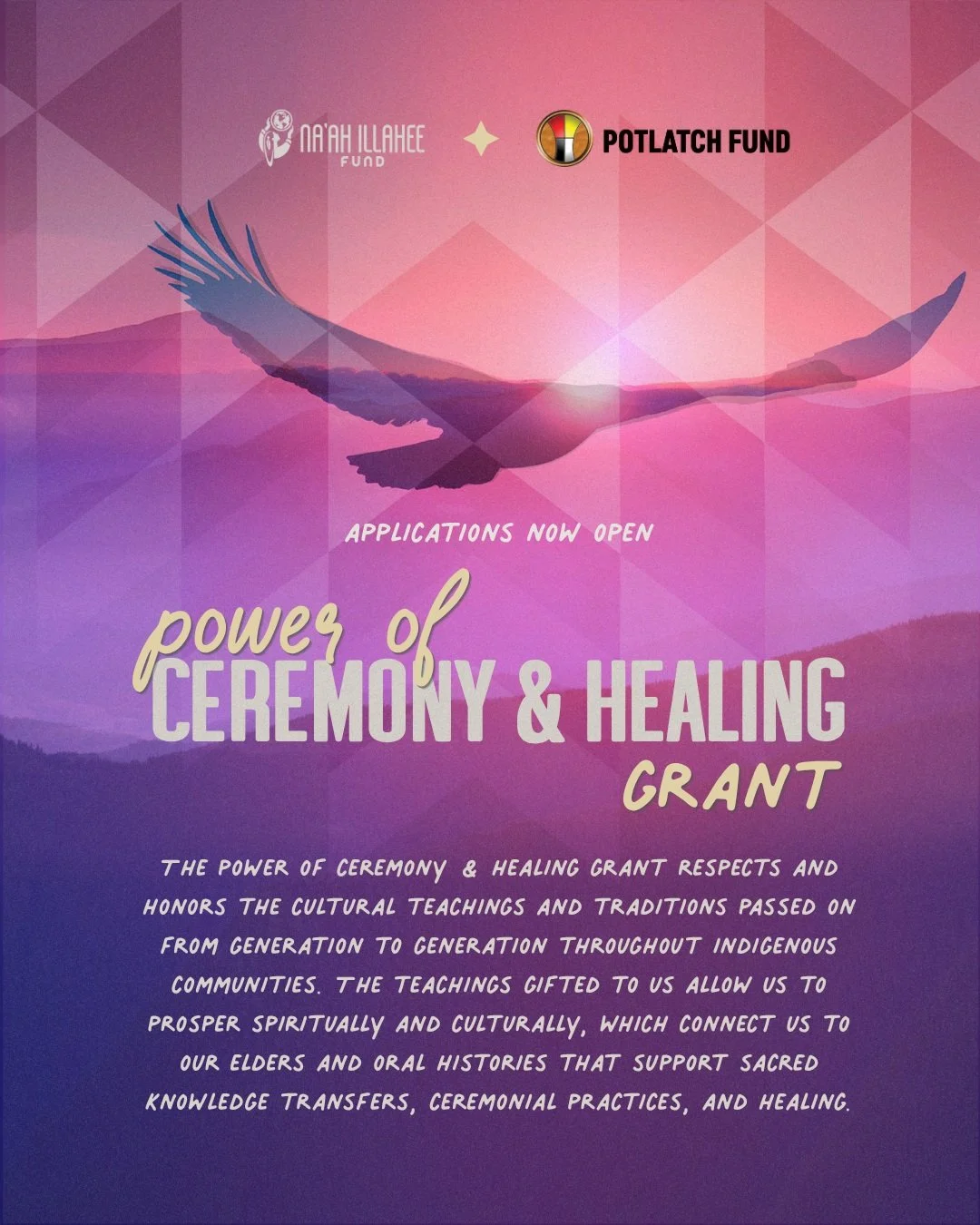 Applications are OPEN! 🎉The Power of Ceremony &amp; Healing Grant is here! 🦅🌿

Together, the Na'ah Illahee Fund and Potlatch Fund are pleased to announce the Power of Ceremony &amp; Healing Grant opportunity. This grant is created to honor and upl
