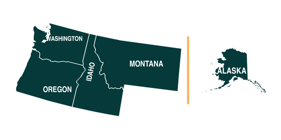 Map highlighting the states of Washington, Oregon, Idaho, Montana, and Alaska on an orange background.