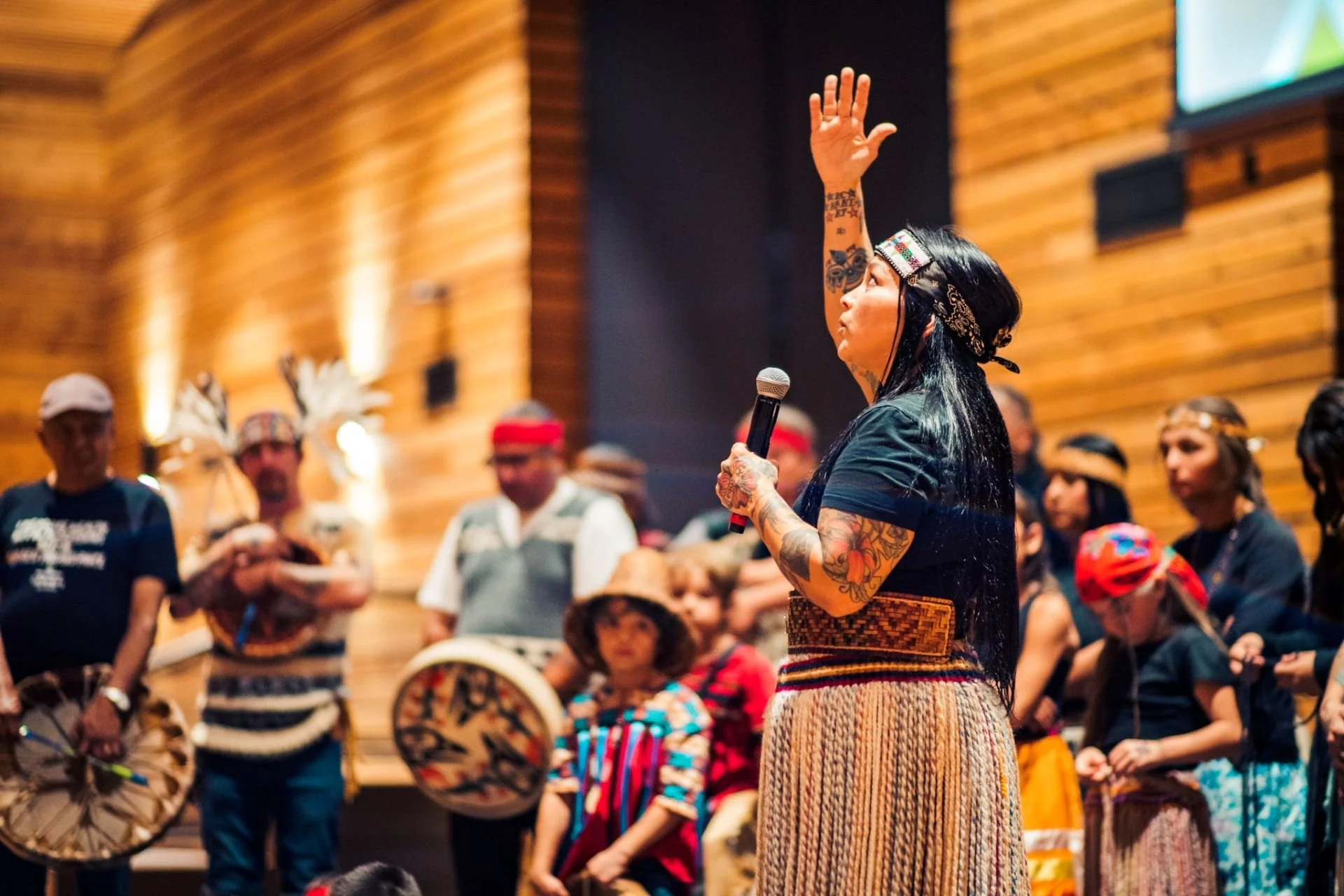 Santana Sheldon (Tulalip) sharing stories at Tulalip Potlatch Fund Gala 2023