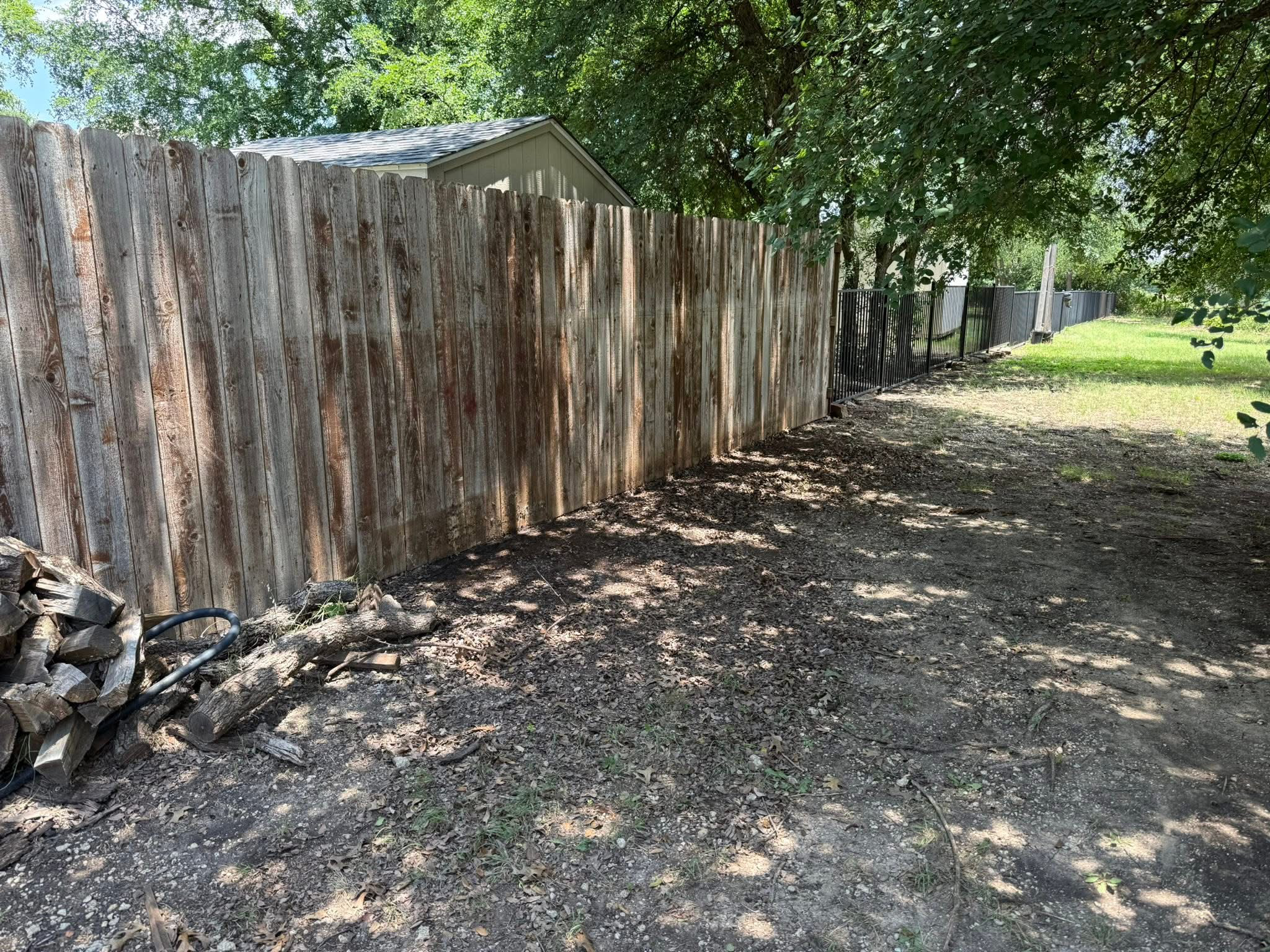 Wooden privacy fence along a backyard with trees providing shade and a grassy area.