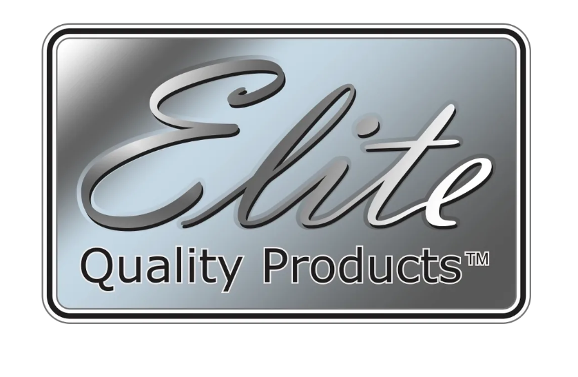 A logo with the word 'Elite' in large cursive font and 'Quality Products' in smaller print below, set on a metallic silver and gray background with a rounded border.