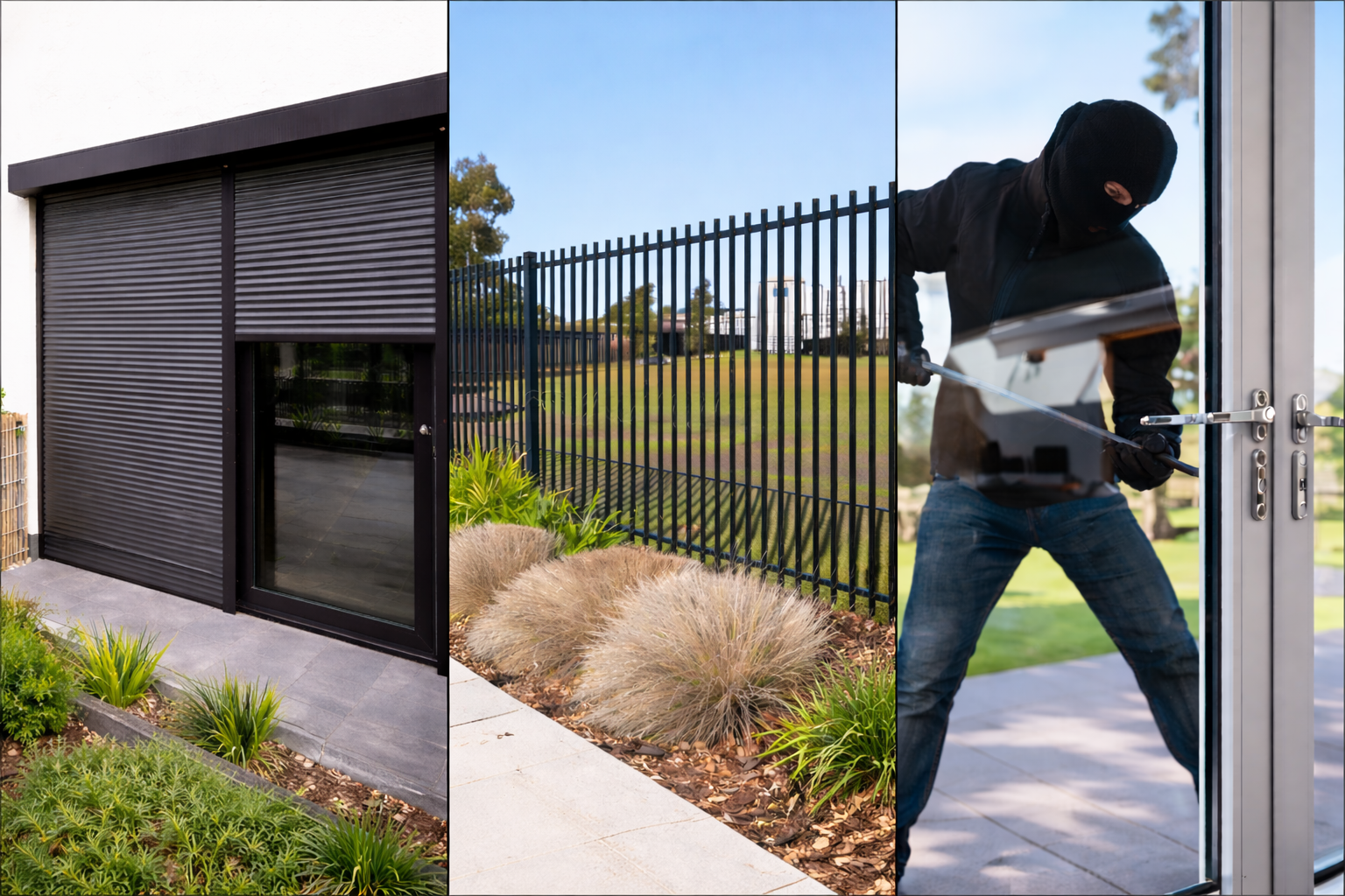 A burglar wearing a black ski mask and black gloves breaking into a house by forcing open the glass door with a crowbar.